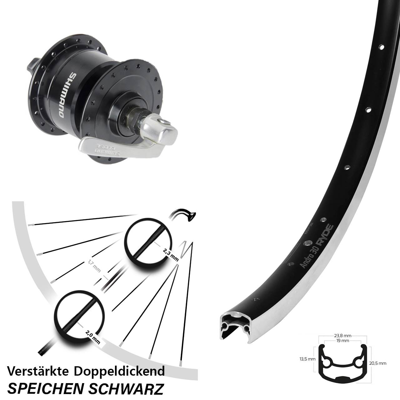 28 Zoll Nabendynamolaufrad Ryde Andra 30 Shimano DH-3N72 QR