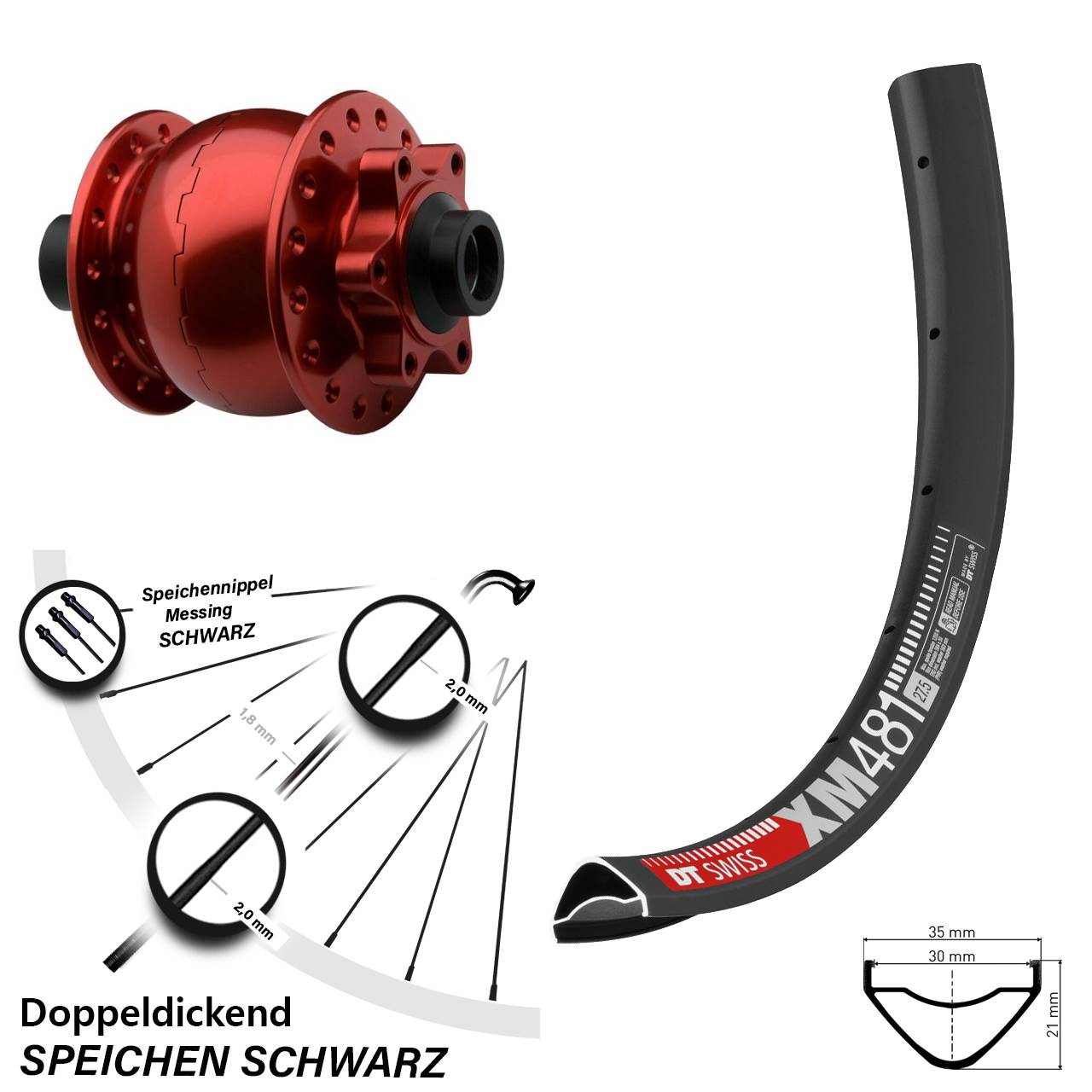 Disc Laufrad mit Nabendynamo 27,5 Zoll DT Swiss XM 481 SON 28 rot 15x100