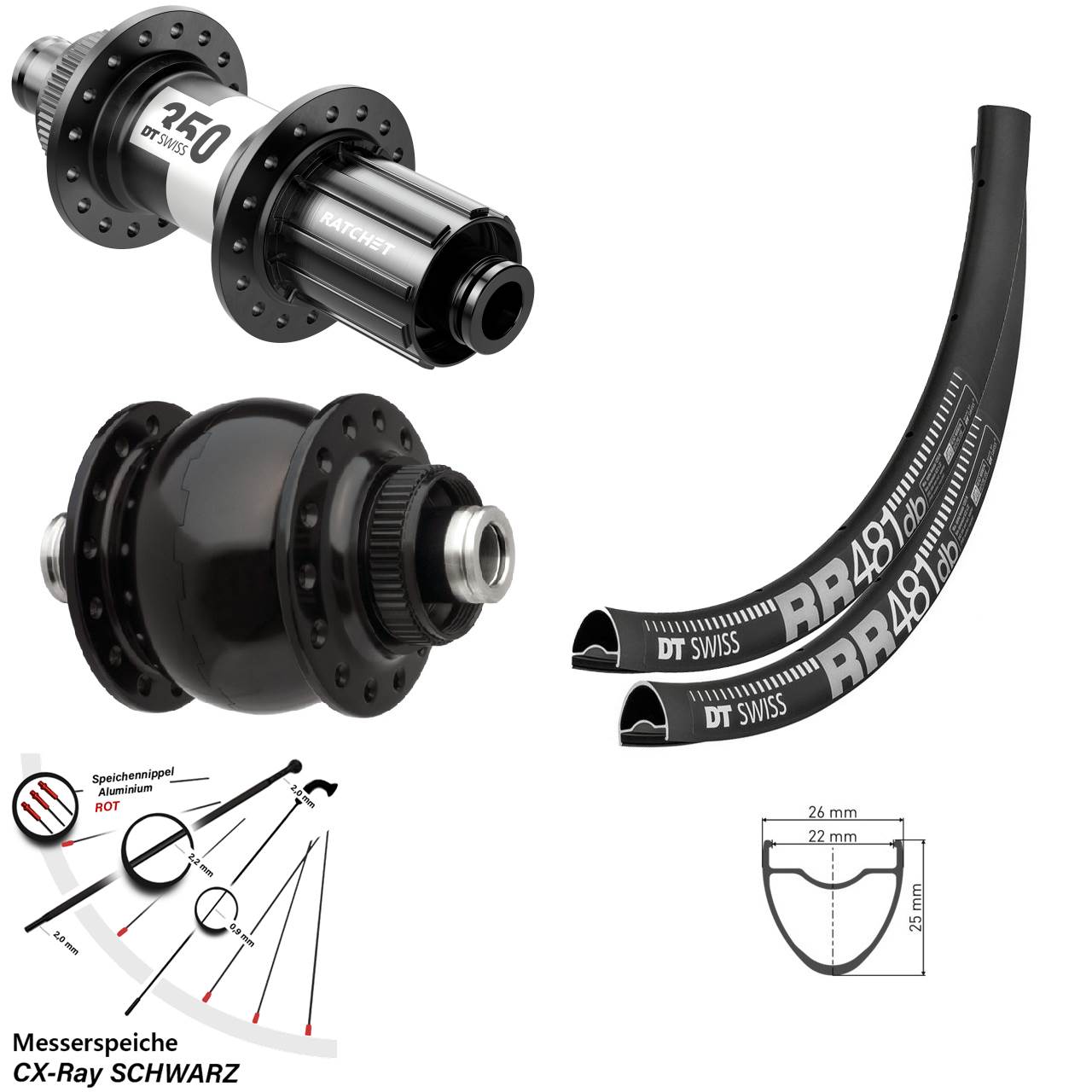 28 Zoll DT Swiss RR481 350 Road SON 28 Disc Laufradsatz 12x100/142 11-12 fach HG CX-Ray