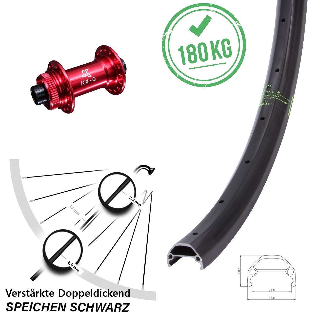Centerlock Vorderrad 28 Zoll KX-G Evo rot 12x100