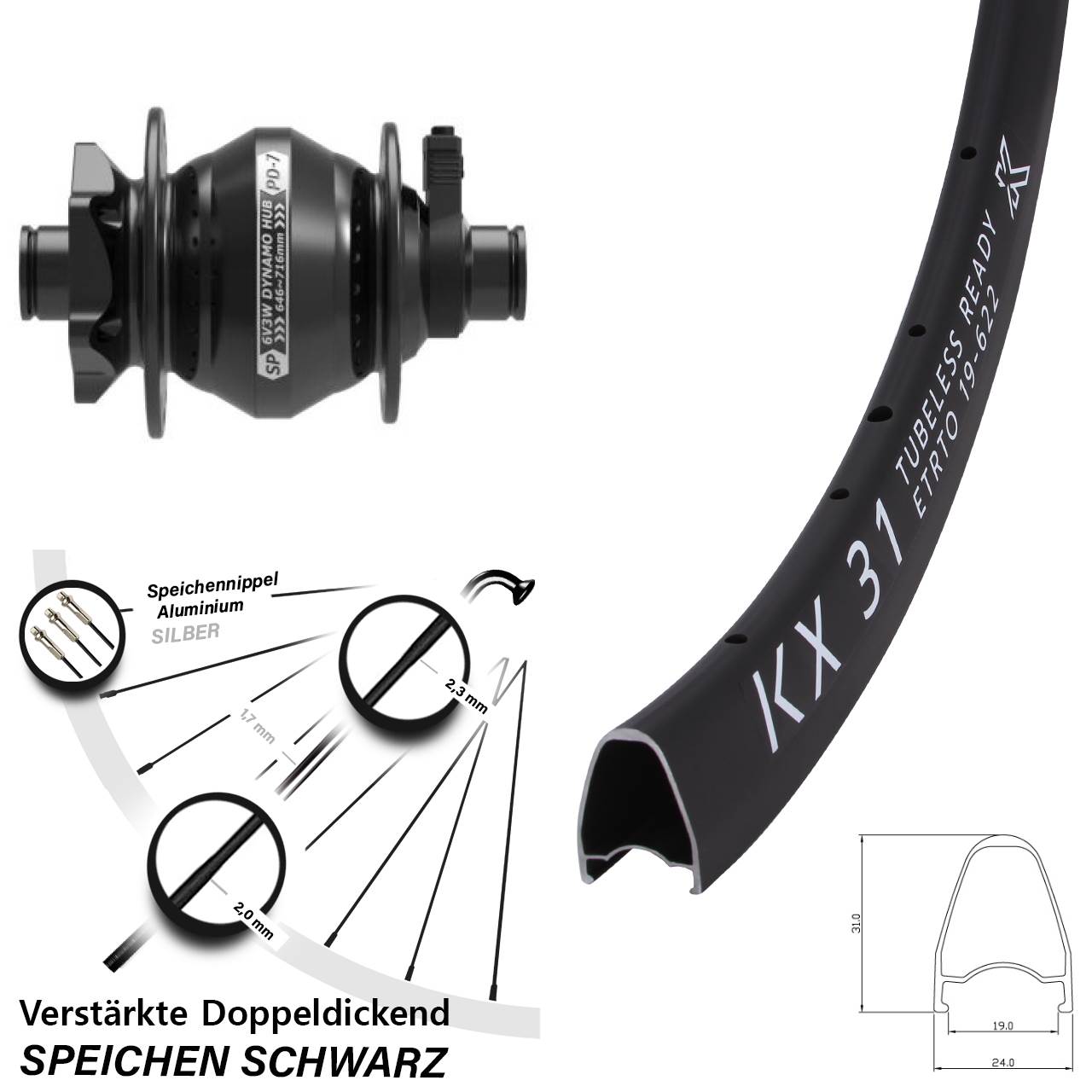 Nabendynamovorderrad 6-Loch 12x100 28 Zoll KX31 Shutter Precision PD-7