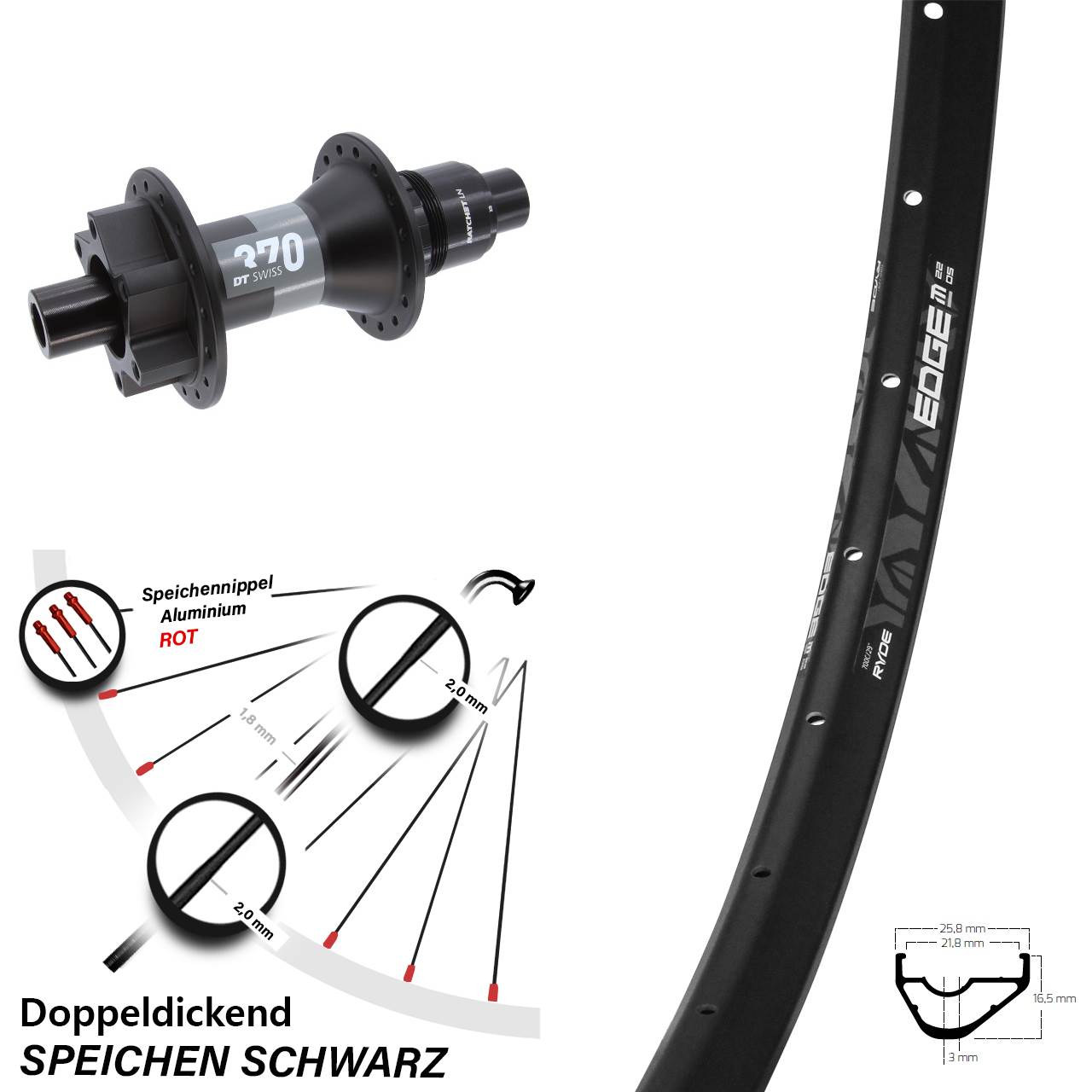 29 Zoll Hinterrad Ryde Edge M22 OS mit DT Swiss 370 12x148 Boost 6-Loch Sram XD