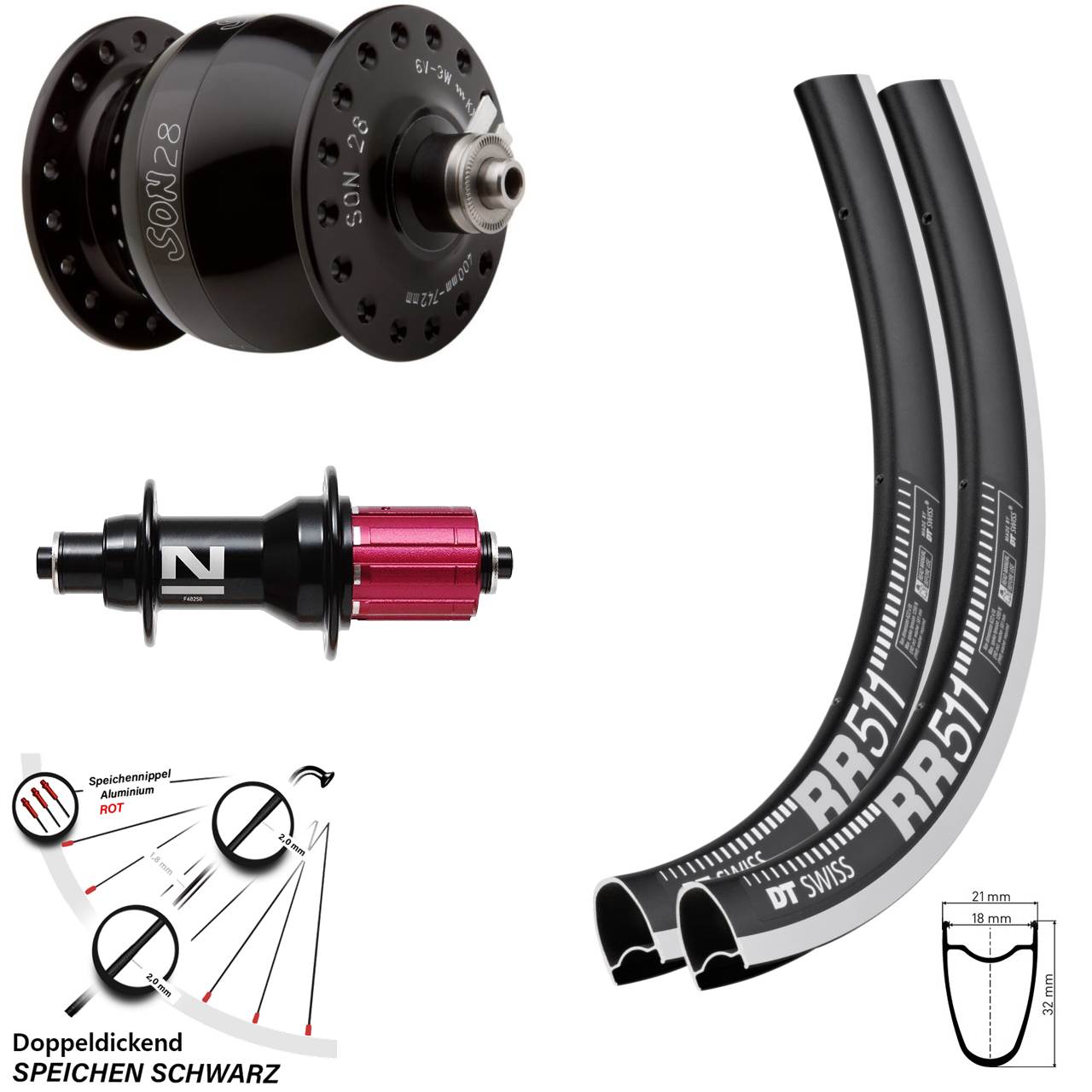 28 Zoll DT Swiss RR 511 Felgenbremse Radsatz 5x100/130 Novatec F482SB SL SON 28 8-12 fach