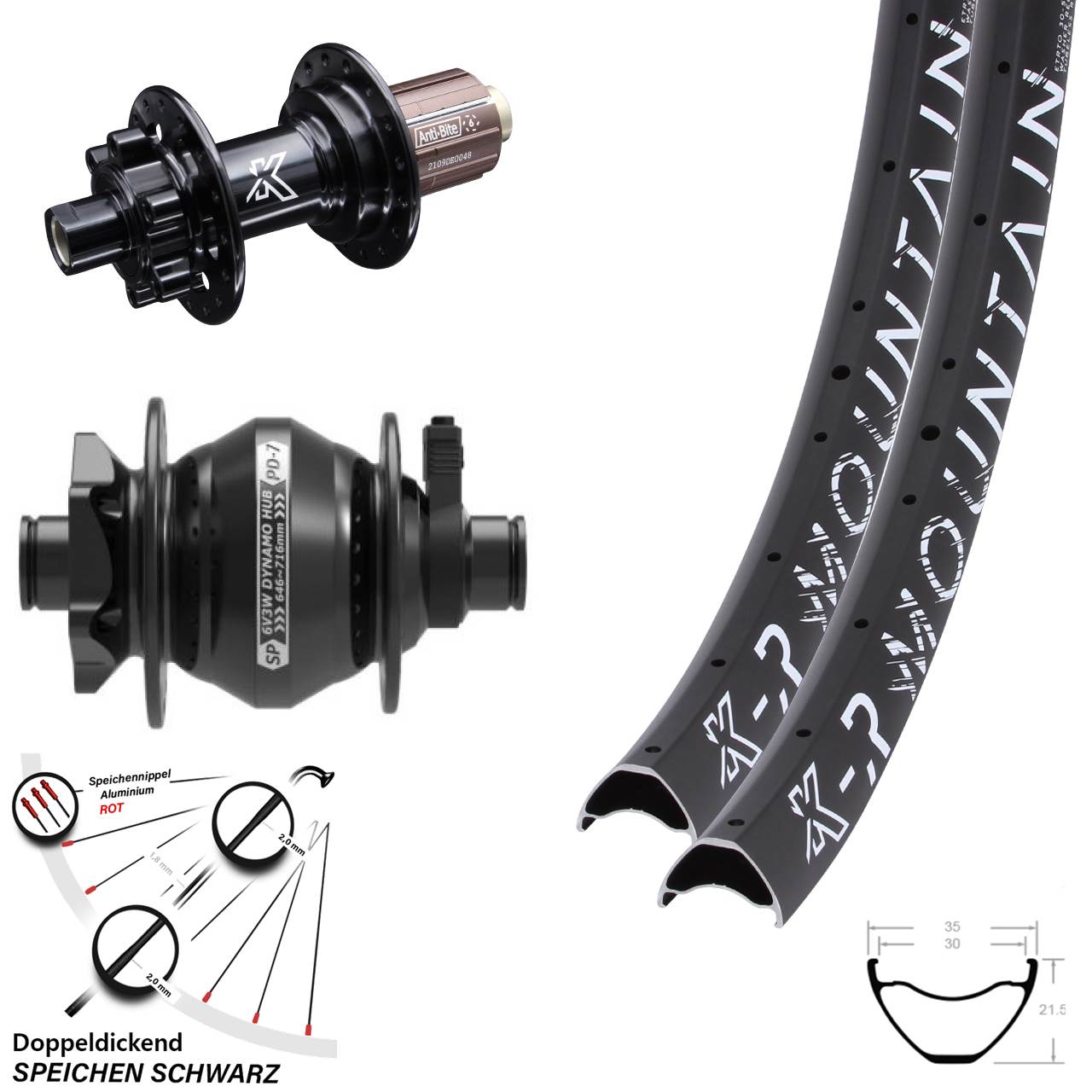 Laufradsatz 29 Zoll KX-M R Mountain 6-Loch 12x100/142 schwarz SP PD-7 Dynamo HG 8-12 fach