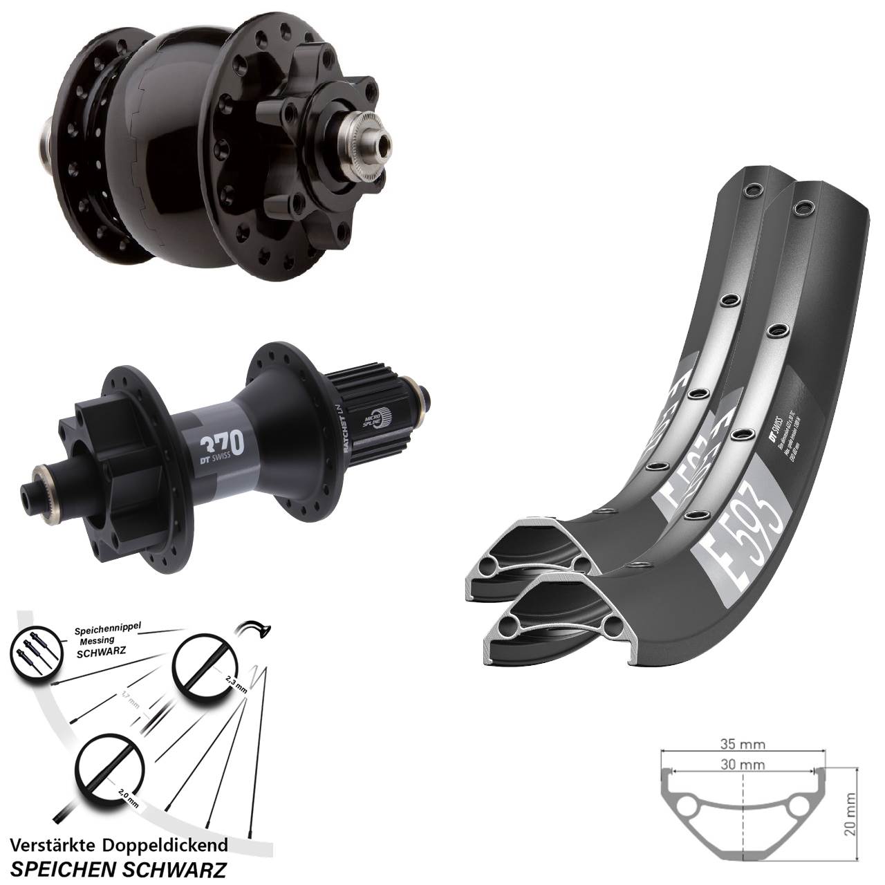 29 Zoll DT Swiss E593 370 SON 28 Disc Laufrad-Satz für Schnellspanner Shimano Micro Spline