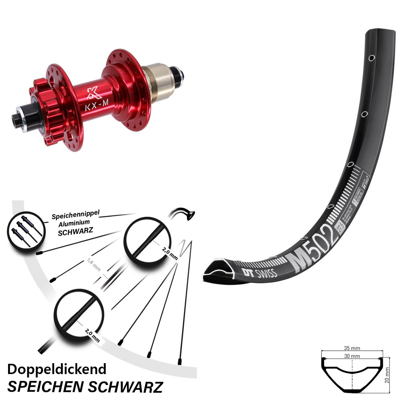 27,5 Zoll DT Swiss M 502 KX-M rot 6-Loch Hinterrad für Schnellspanner XD