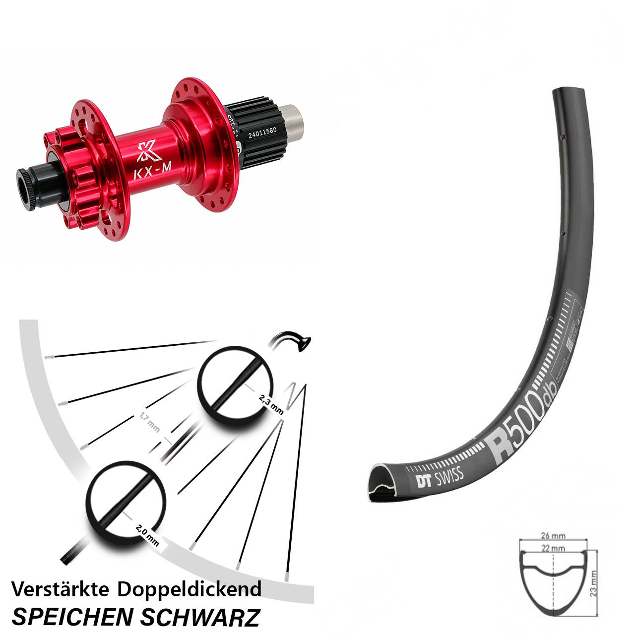 6-Loch Hinterrad 29 Zoll DT Swiss R 500 KX-M rot Micro Spline 12x142