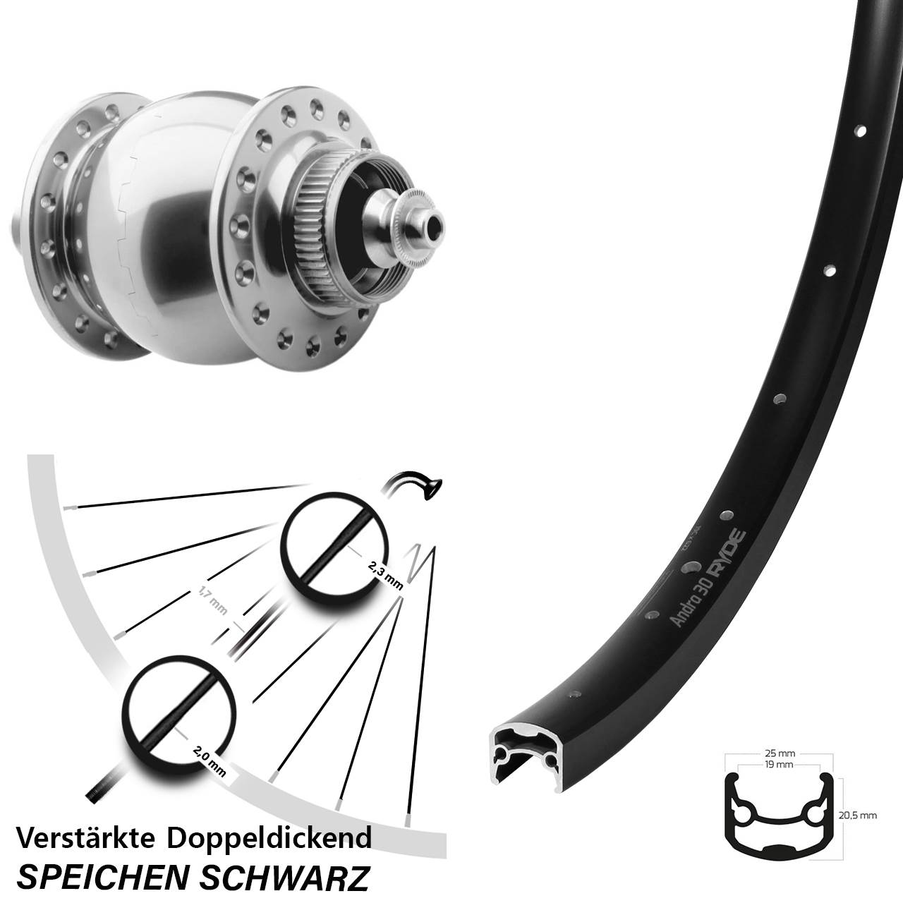 SON 28 Ryde Andra 30 28-29 Zoll Disc Laufrad mit Nabendynamo QR