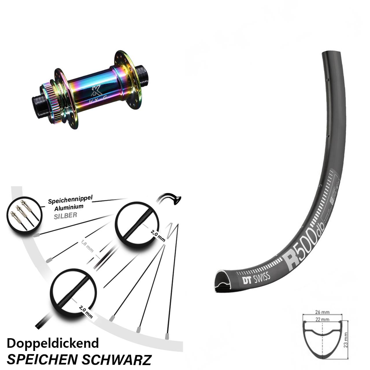 28 Zoll Vorderrad Road Disc DT Swiss R 500 mit KX-G Nabe Oilslick 12x100 mm Steckachse