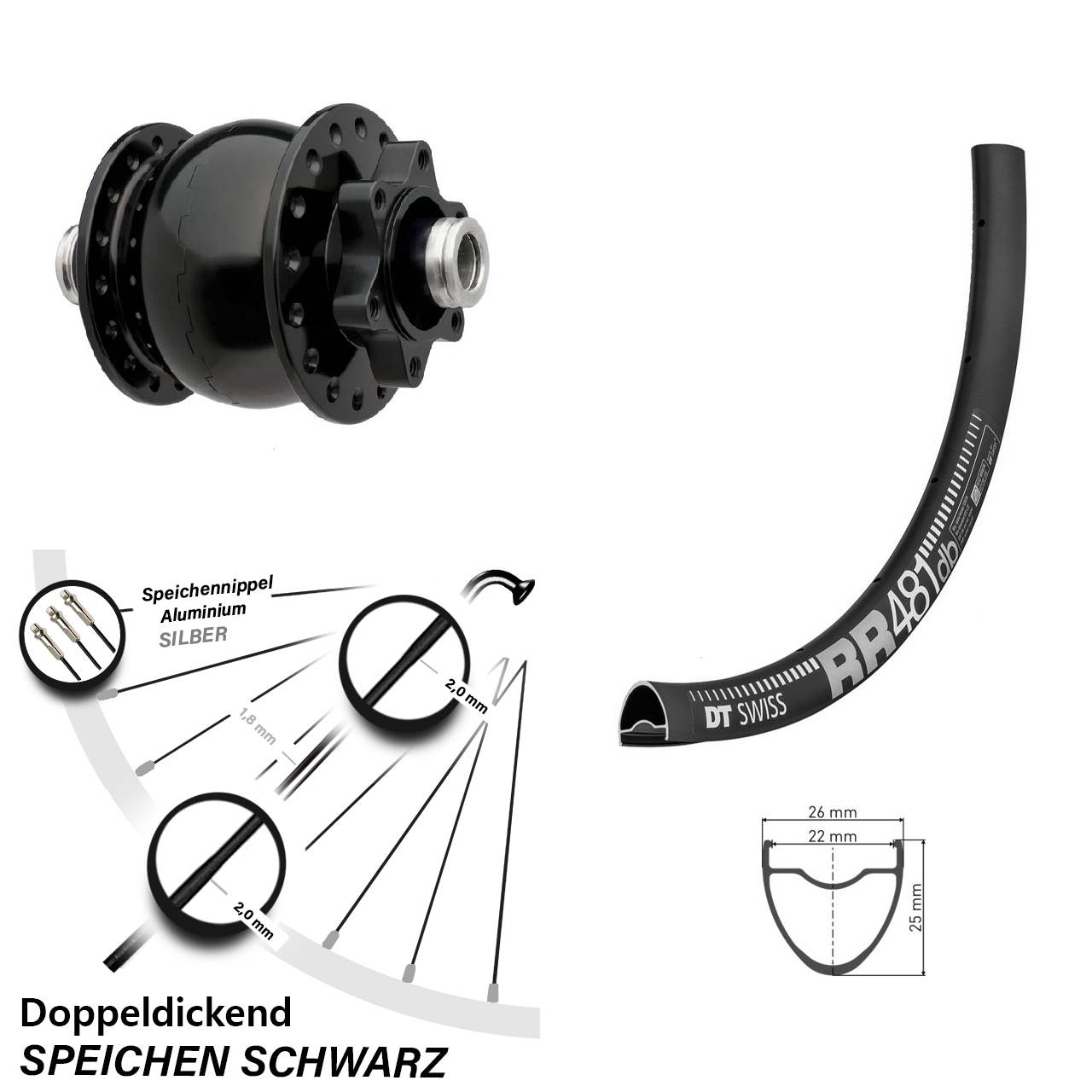 28 Zoll Vorderrad mit Nabendynamo DT Swiss RR 481 Son 28-12 schwarz