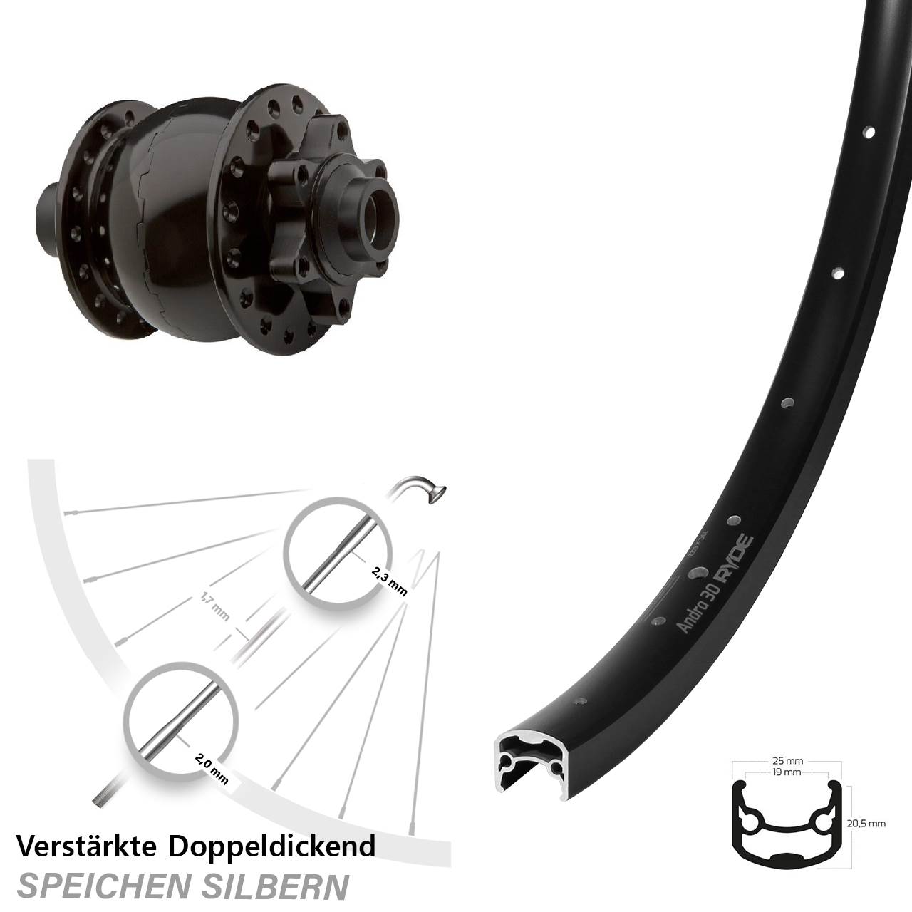 Ryde Andra 30 SON 28 Disc 6-Loch Zoll Vorderrad mit Nabendynamo 15x100