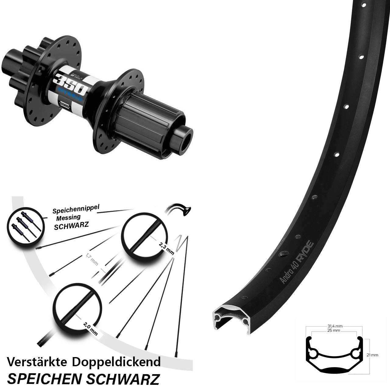 Ryde Andra 40 Disc DT Swiss 350 Hybrid 29 Zoll 6-Loch Hinterrad 12x148 Boost 8-11 fach HG