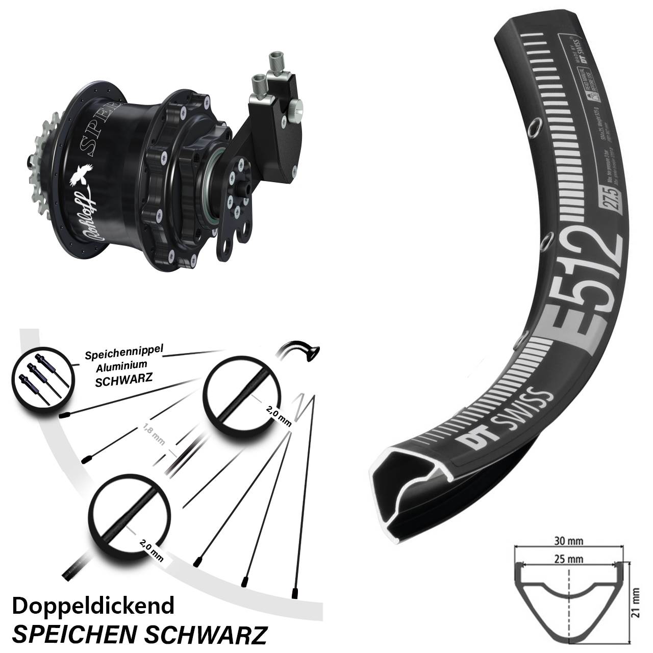 Hinterrad 29 Zoll DT Swiss E 512 Disc Rohloff Speedhub 500/14 CC DB Tandem schwarz