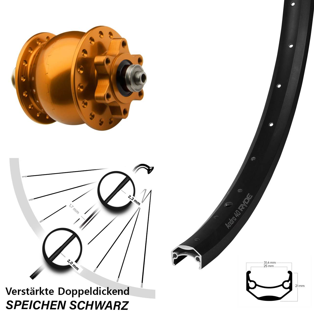 Vorderrad mit Nabendynamo QR SON 28 Zoll Ryde Andra 40 Disc orange