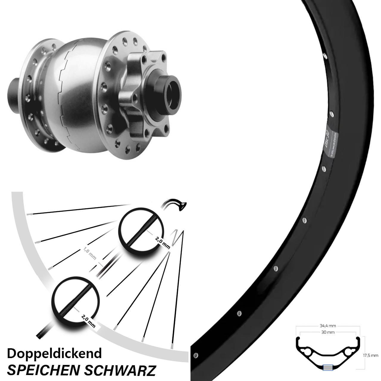 27,5 Zoll Ryde Disc 30 Vorderrad SON 28 silbern 15x100