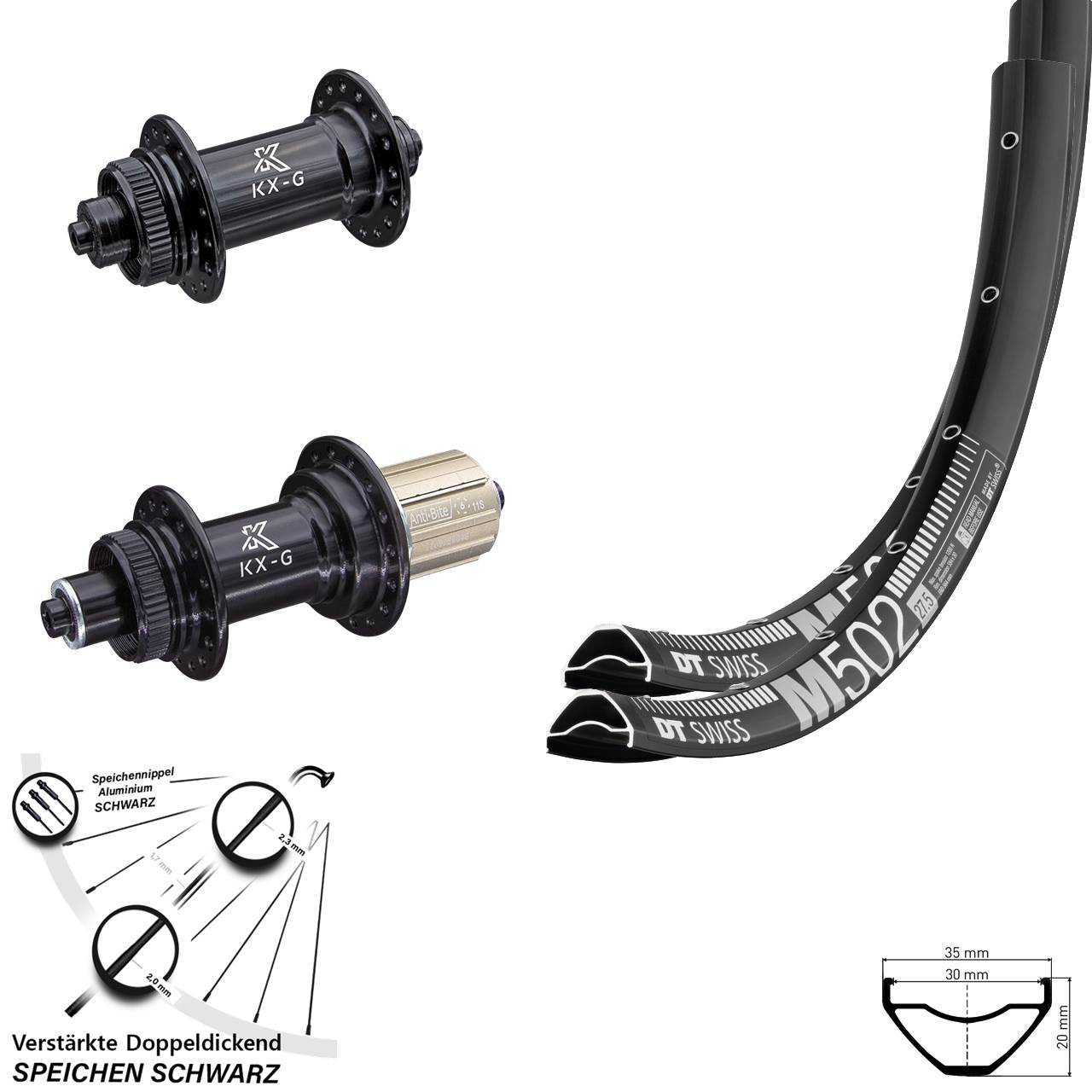 Centerlock Laufradsatz 27,5 Zoll DT Swiss M 502 KX-G 8-12 fach HG für Schnellspanner