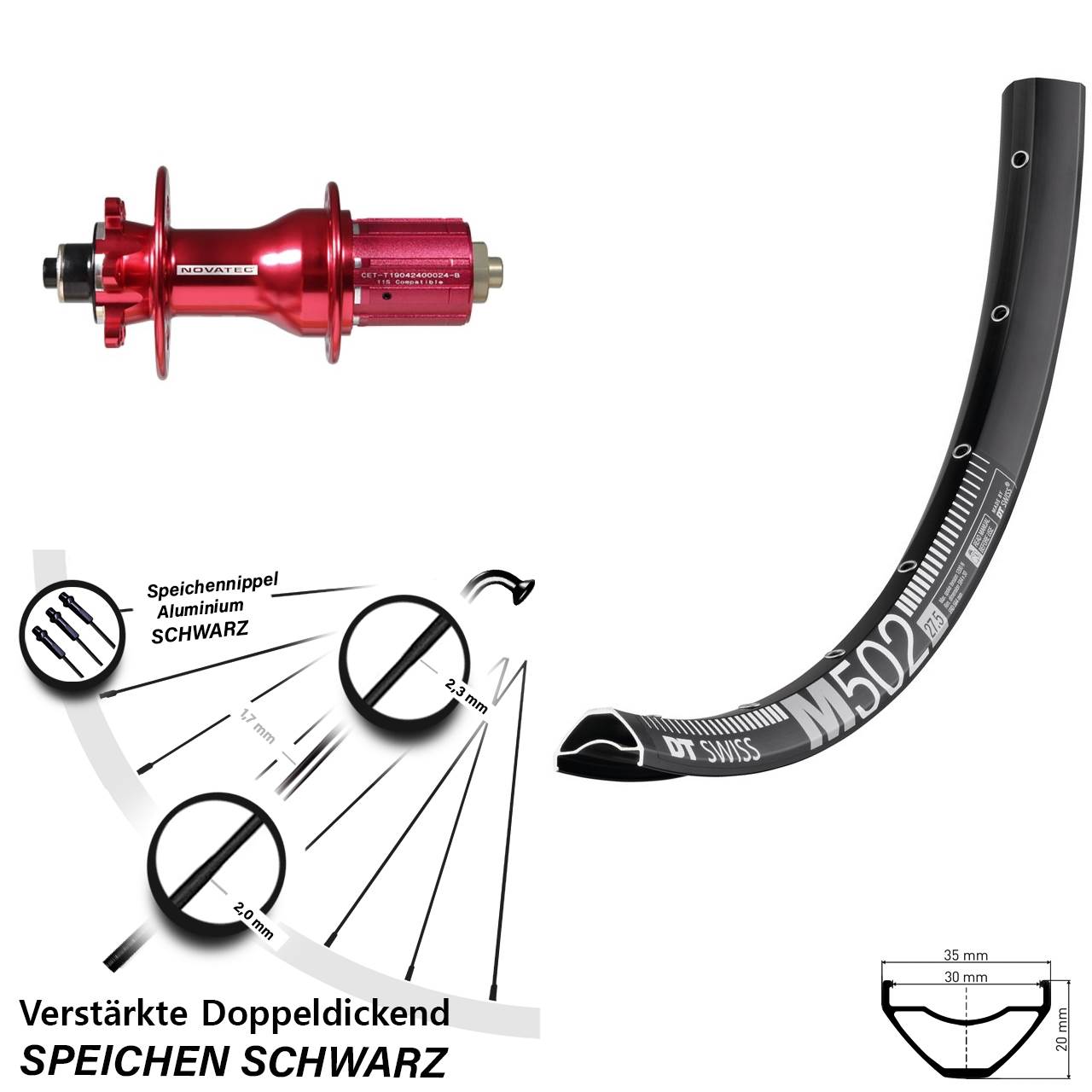 DT Swiss M502 Novatec D792 27,5 Zoll Hinterrad 6-Loch QR 8-12 fach HG
