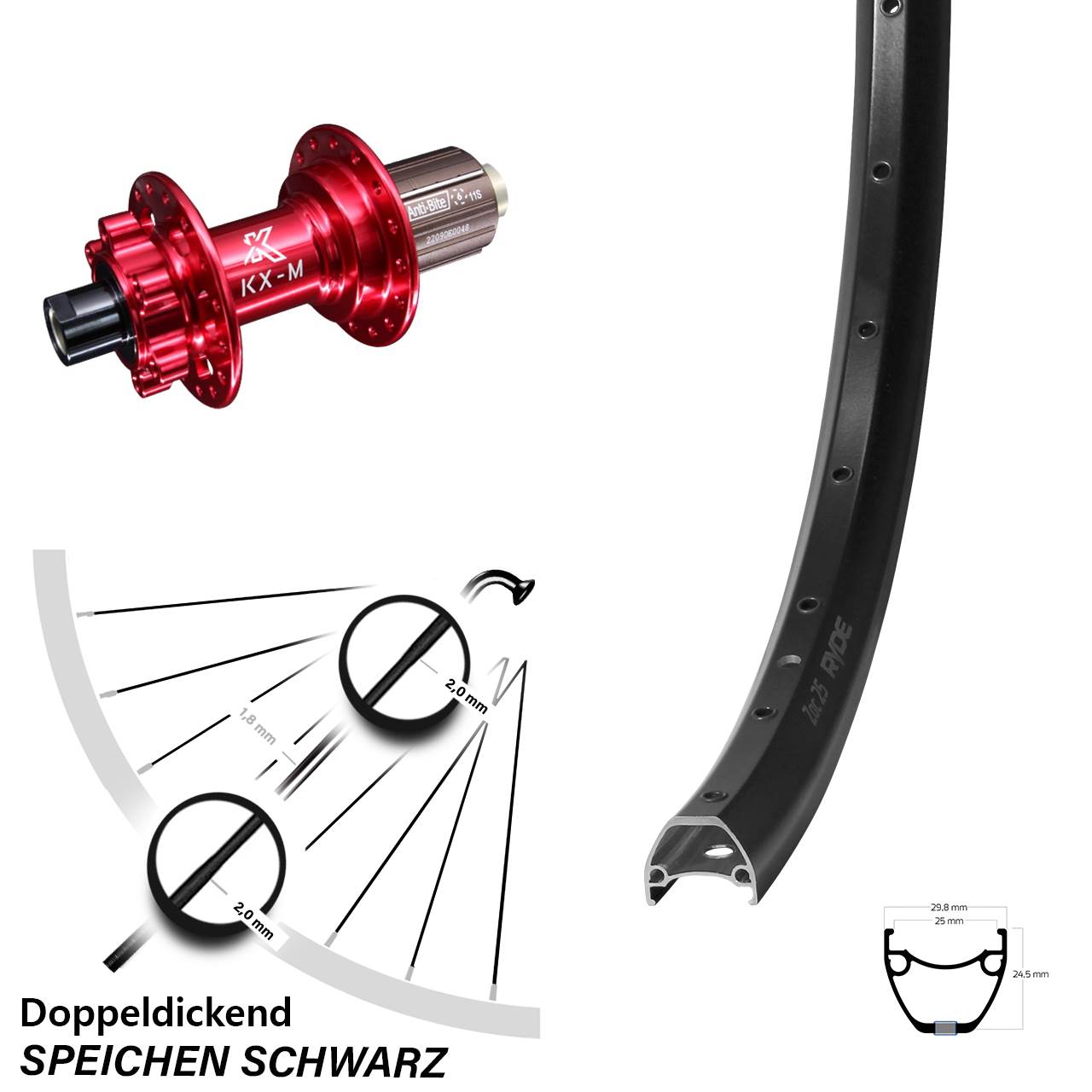 Disc Hinterrad 12x142 28-29 Zoll Ryde ZAC 25 KX-M rot 8-12 fach
