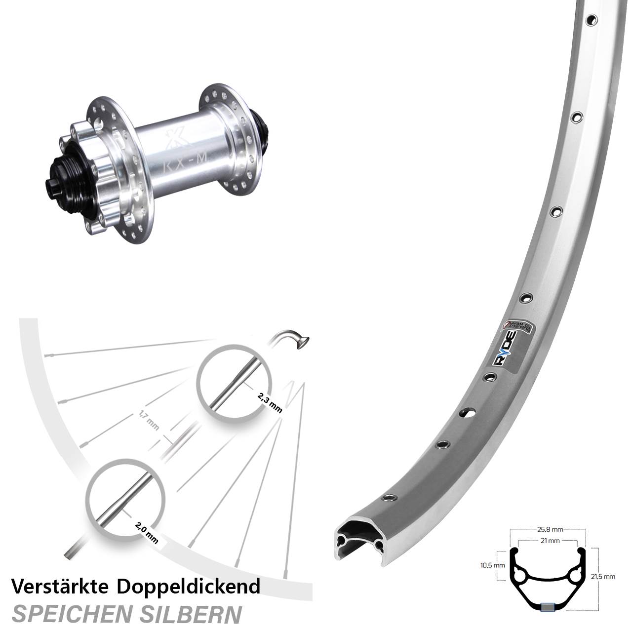 Ryde Zac 421 KX-M 26 Zoll 6-Loch Vorderrad QR silbern