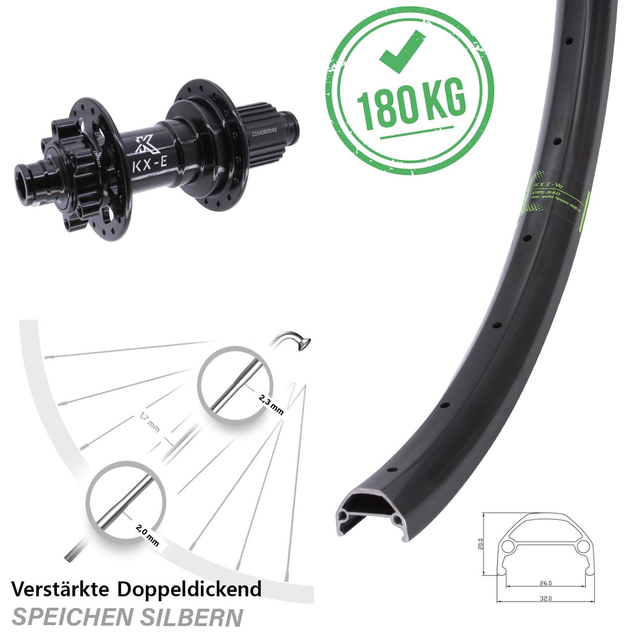 KX-E Evo Heavy Duty 20 Zoll Hinterrad 12x148 Boost 6-Loch Shimano Micro Spline