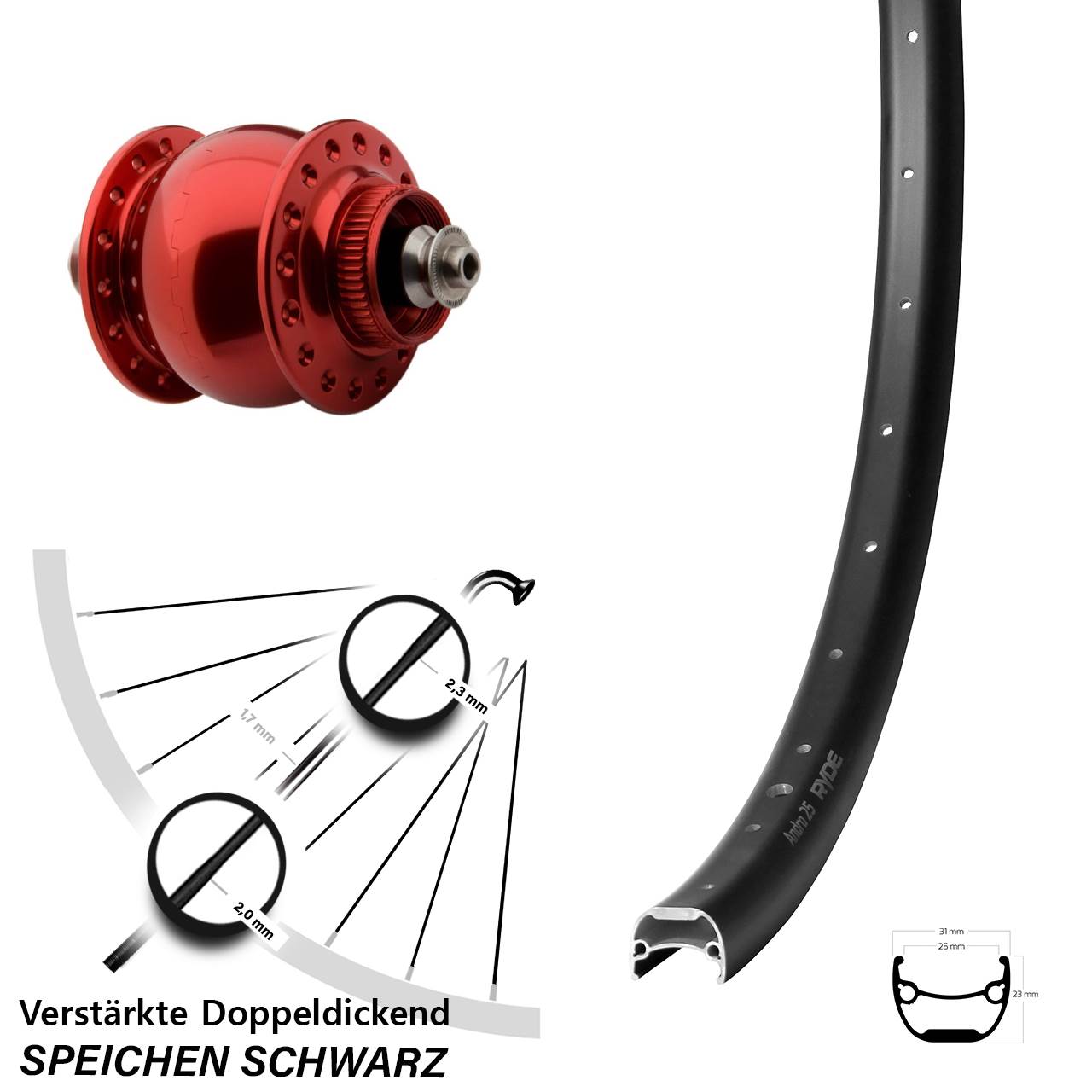 Centerlock Vorderrad mit Dynamo 28-29 Zoll Ryde Andra 25 SON 28 rot für Schnellspanner