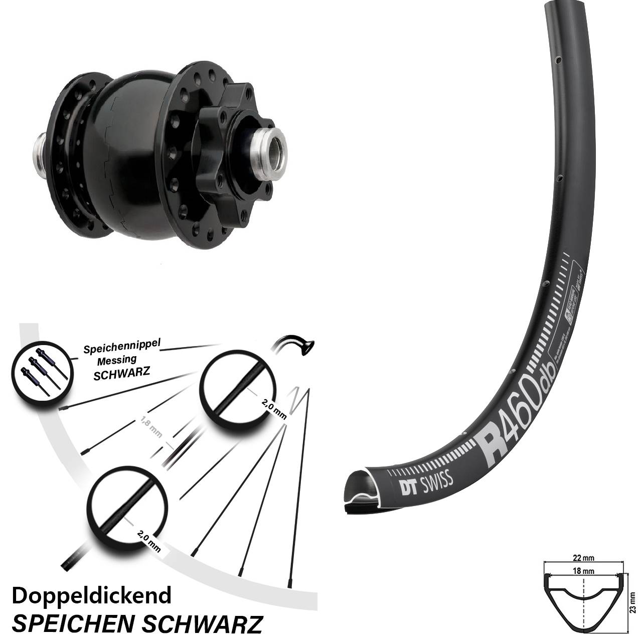 28 Zoll Nabendynamo Vorderrad DT Swiss R 460 DB Son 28-12 6-Loch