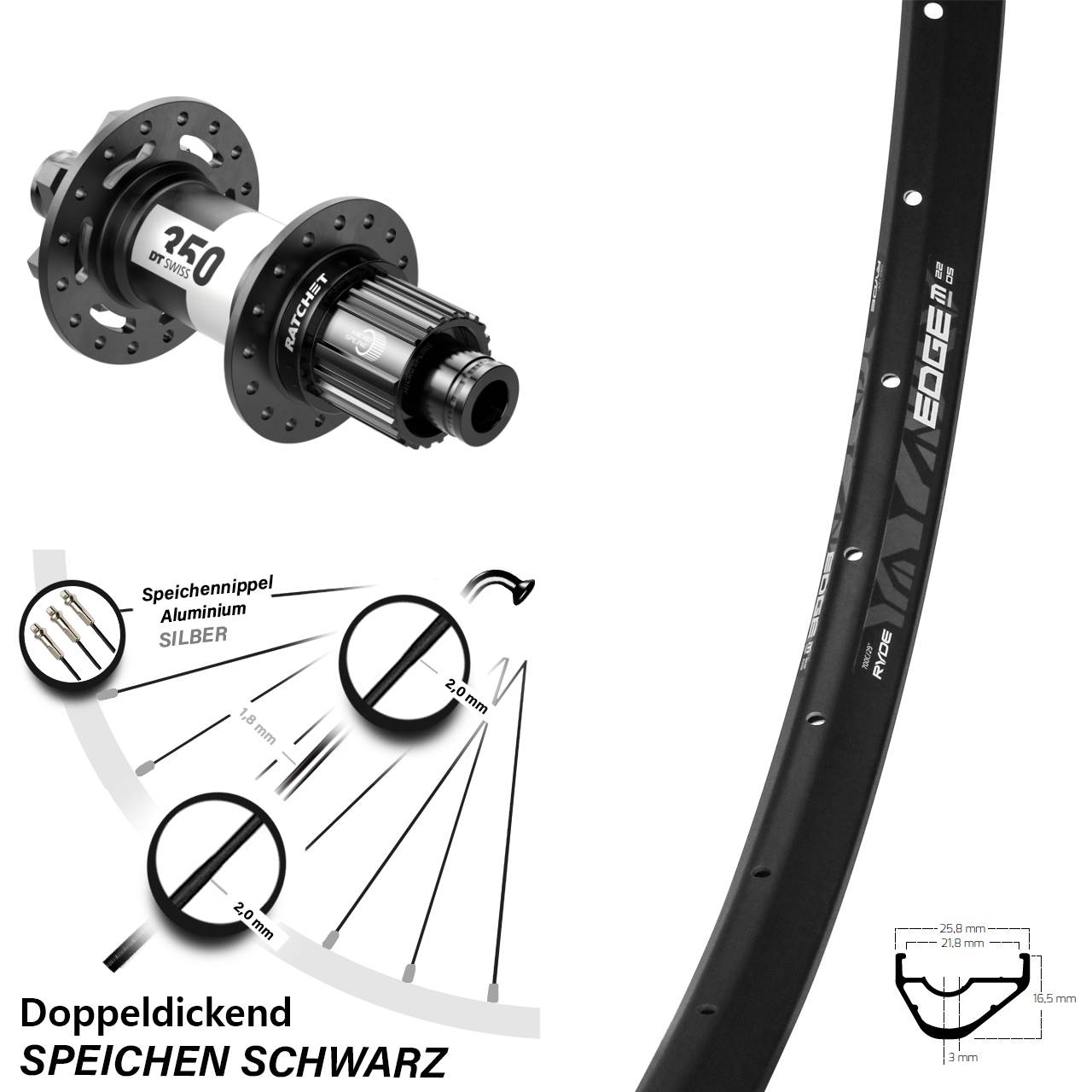 Disc Laufrad 28-29 Zoll Ryde Edge M22 DT Swiss 350 Shimano Micro Spline 12x148 Boost