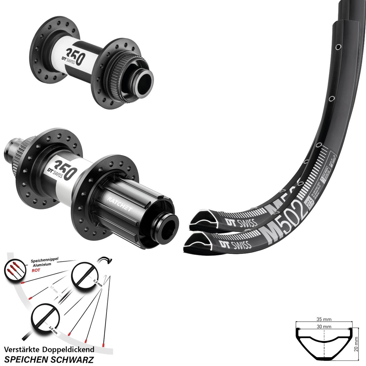 29 Zoll DT Swiss M502-350 Laufradsatz Centerlock 15x100 12x142 8-11 fach