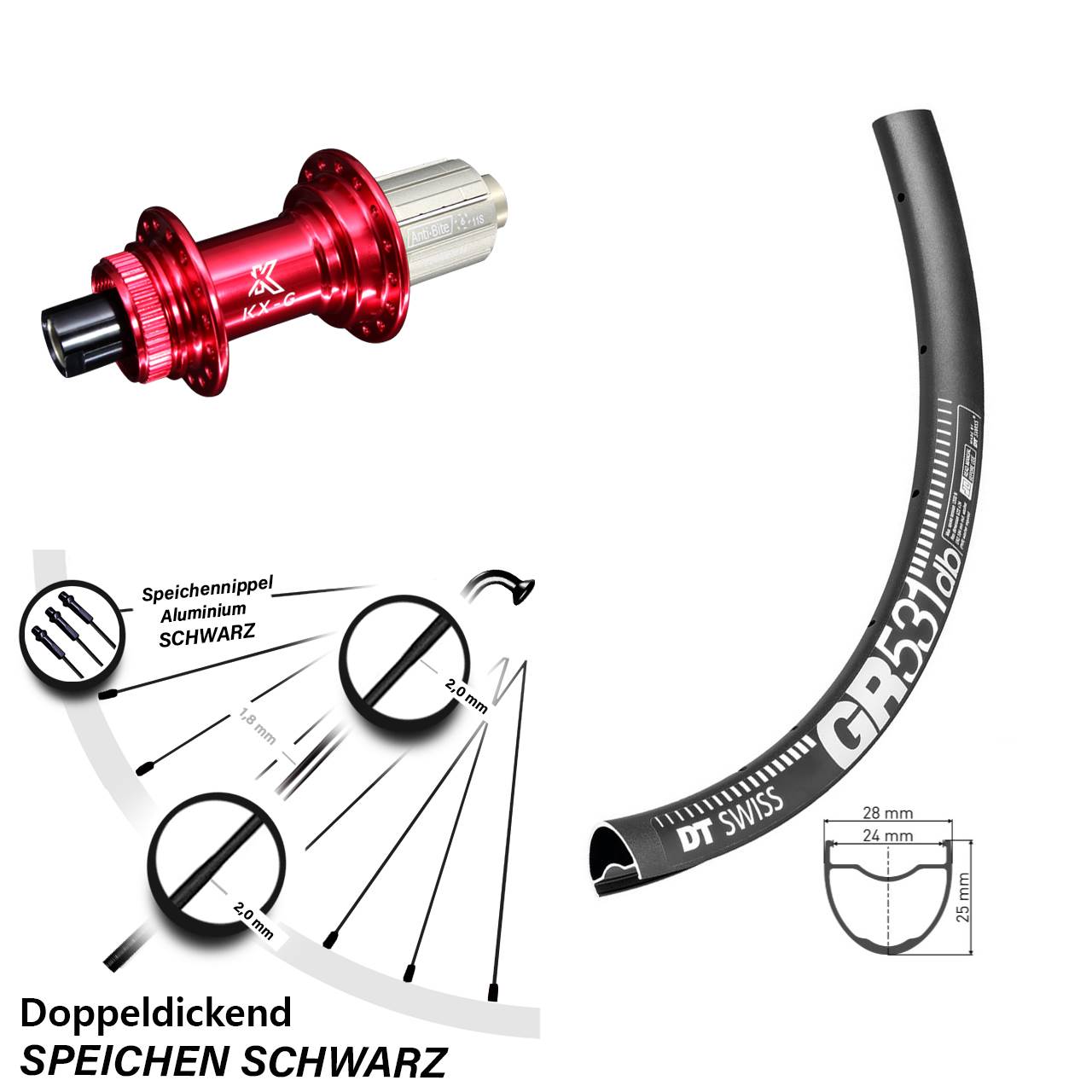 28/29 Zoll Hinterrad KX-G Nabe rot-eloxiert 12x142 mm DT Swiss GR 531 DB Gravel 8-12 fach