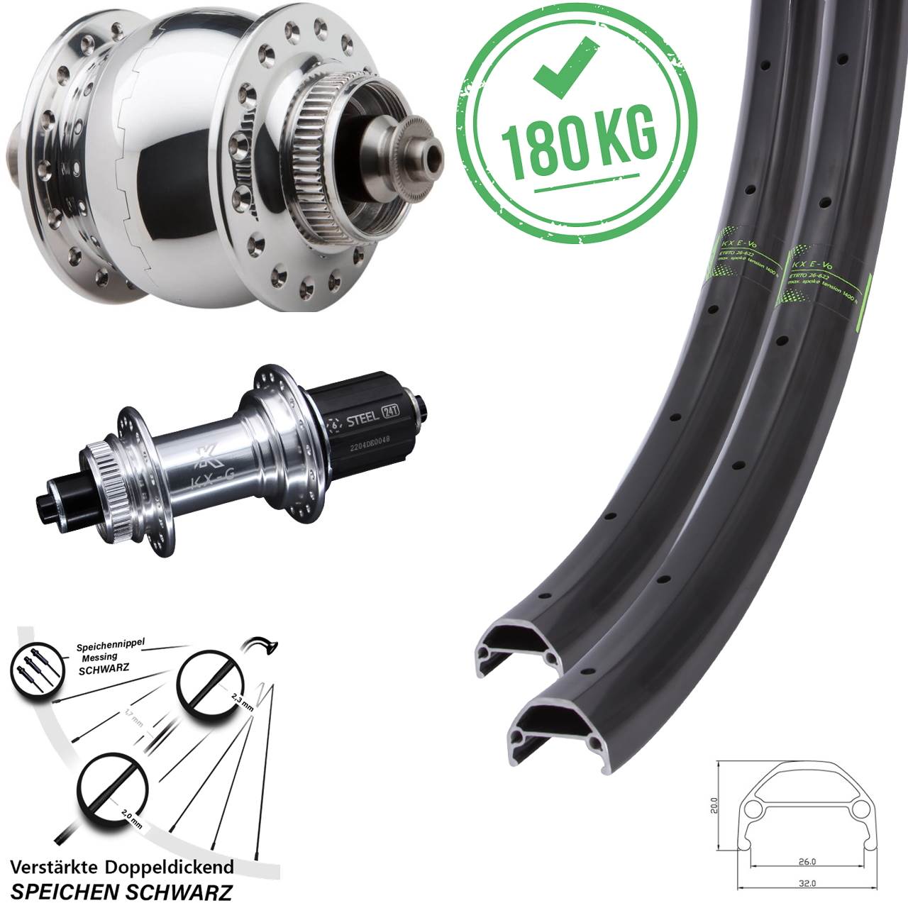 27,5 Zoll KX-GS Evo SON 28 poliert Laufradsatz für Schnellspanner 8-12 fach HG