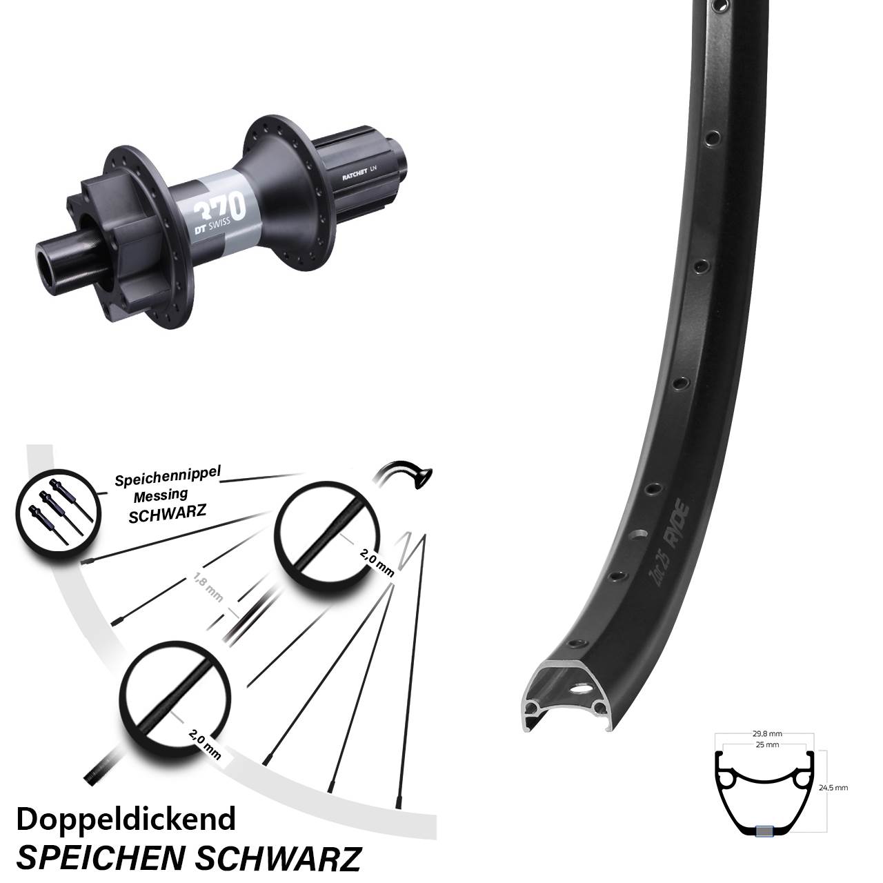6-Loch Hinterrad 29 Zoll Ryde ZAC 25 DT Swiss 370 8-11 fach HG 12x148