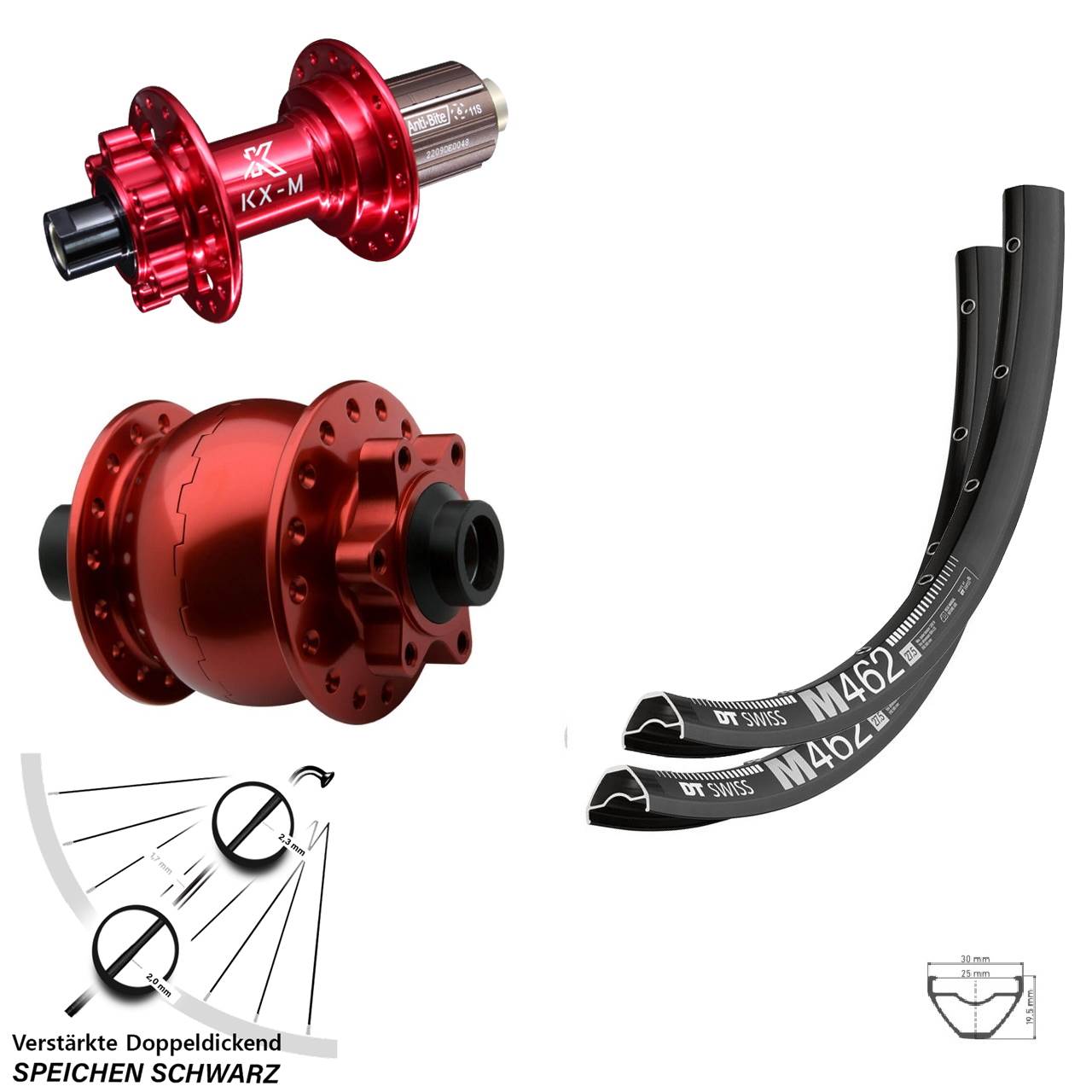 DT Swiss M462 KX-M rot SON 28 29 Zoll Laufradsatz 6-Loch 15x100 12x142 8-12 fach HG