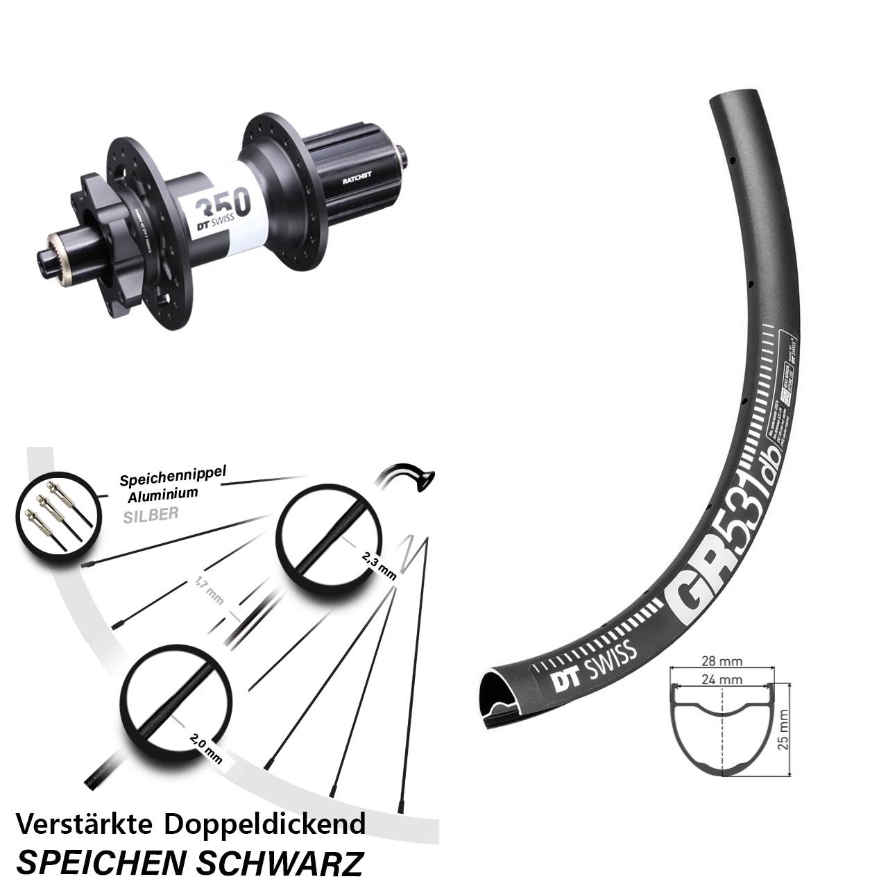 650B DT Swiss GR531-350 Ratchet 36 6-Loch Hinterrad für Schnellspanner 8-11 fach