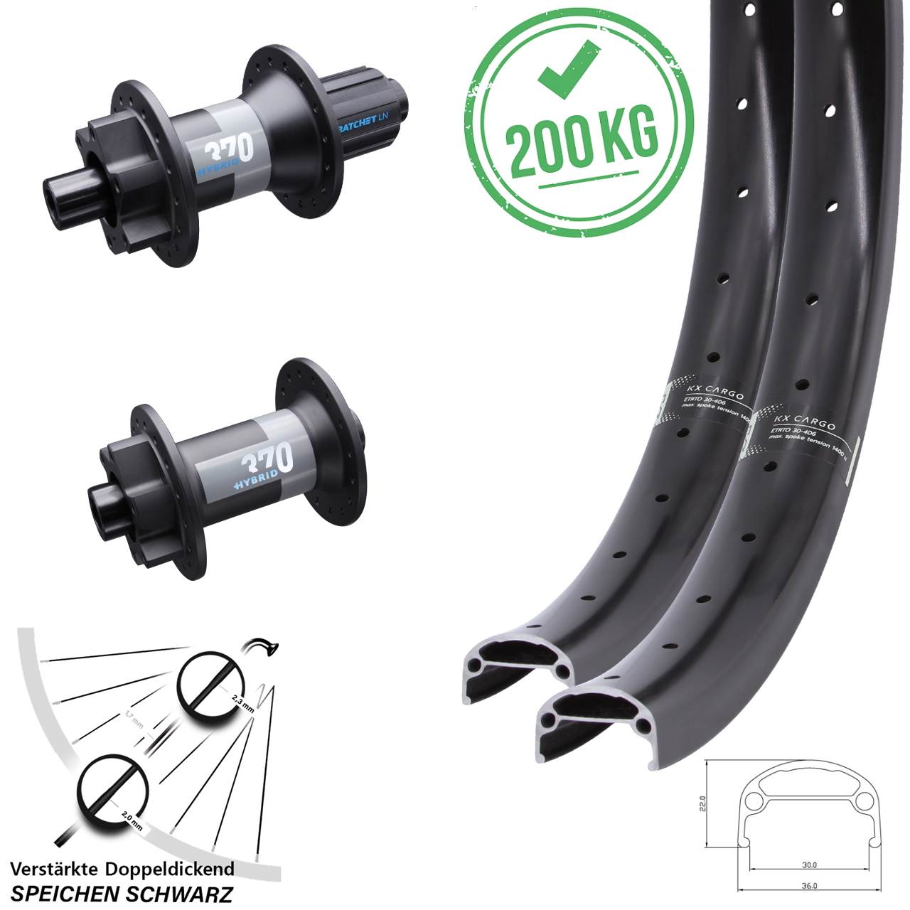 6-Loch Laufradsatz 15x110 12x148 20/26 Zoll KX Cargo DT Swiss 370 Hybrid 8-11 fach