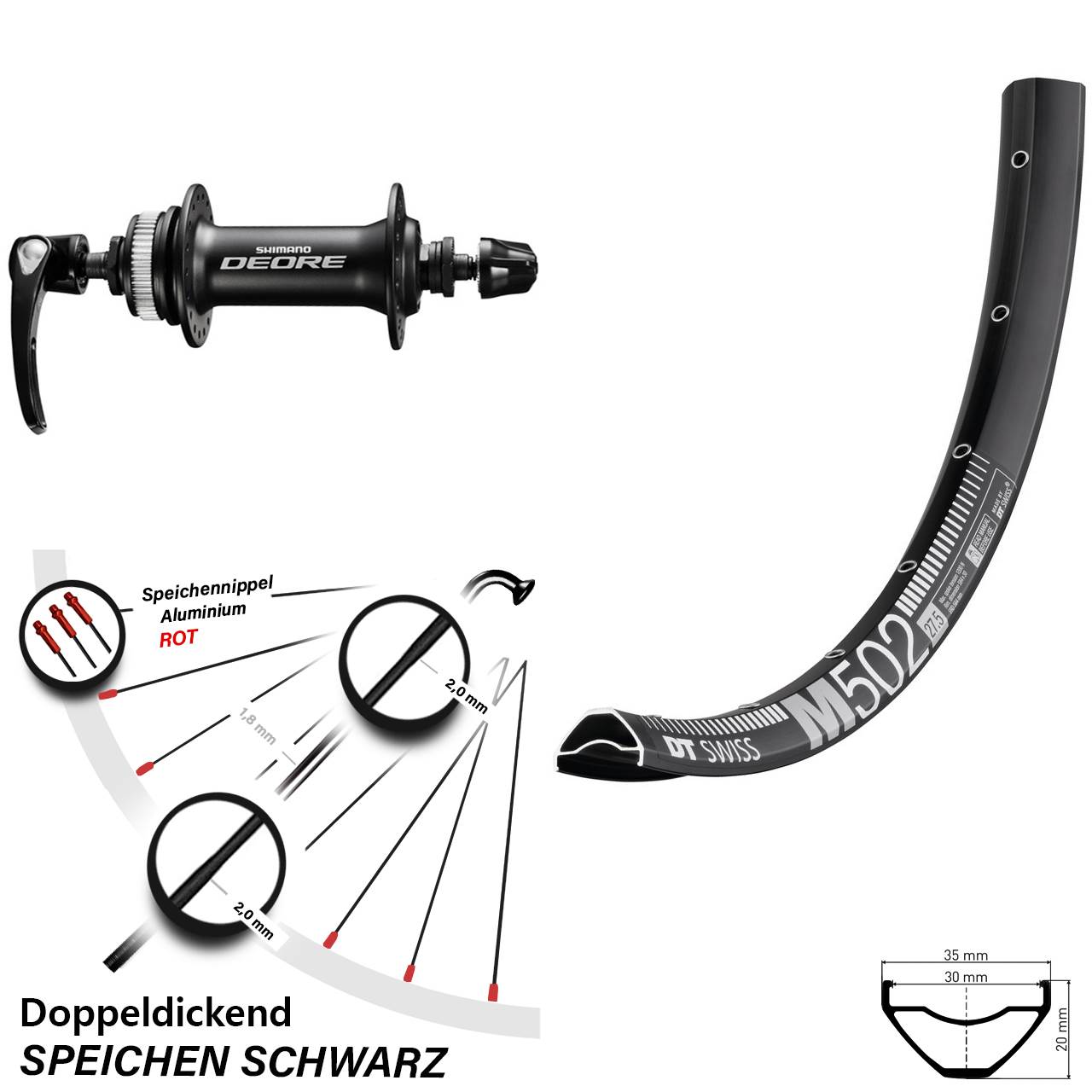 29 Zoll DT Swiss M 502 Shimano Deore Vorderrad Centerlock für Schnellspanner