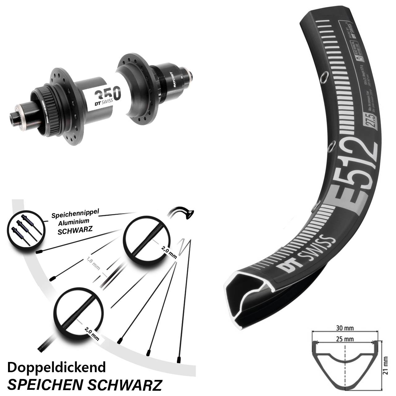 29 Zoll DT Swiss E 512-350 Boost Hinterrad Centerlock QR Boost XD 11-12 fach