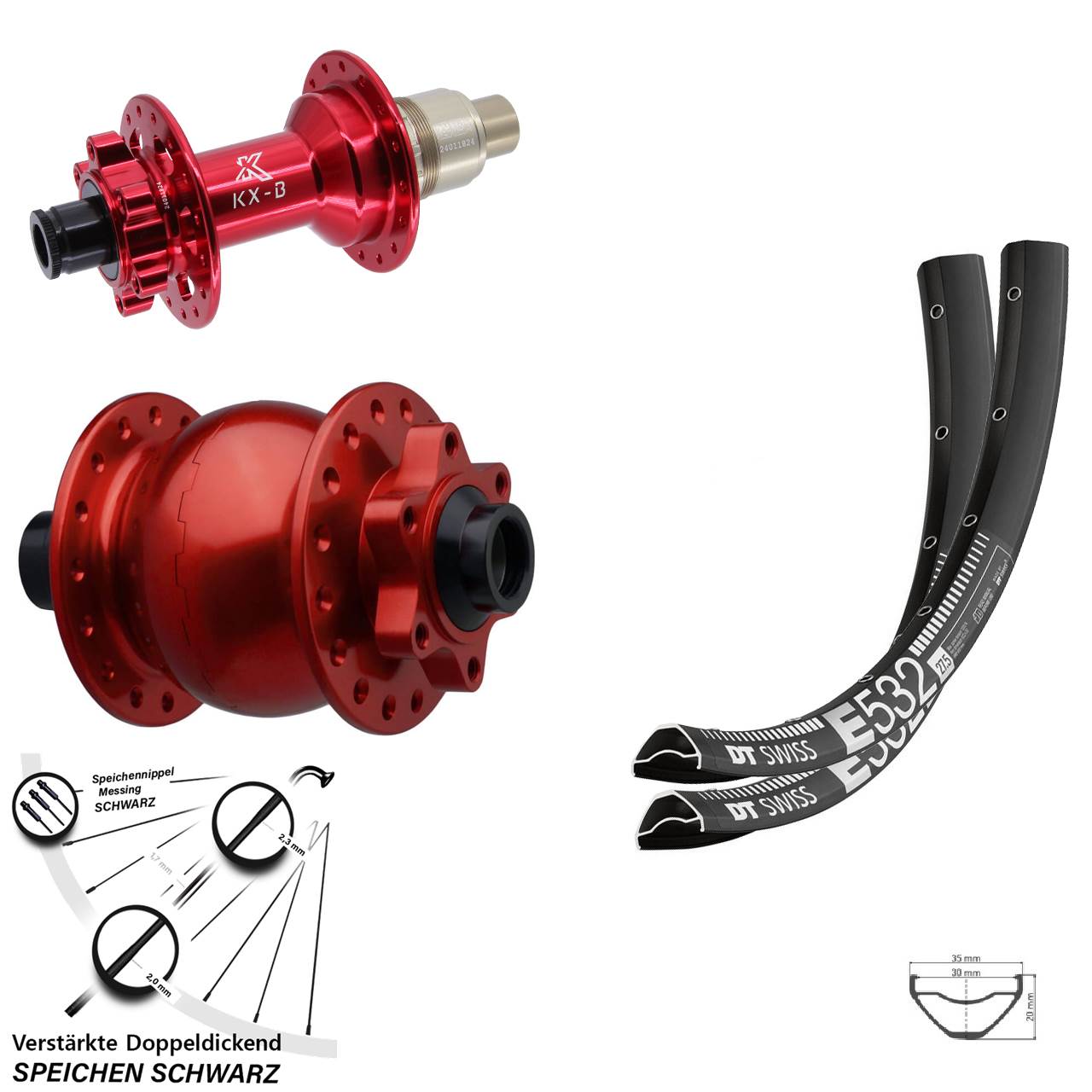 29 Zoll DT Swiss E532 KX-B rot SON 28 6-Loch Laufradsatz 15x110 12x148 XD 11-12 fach