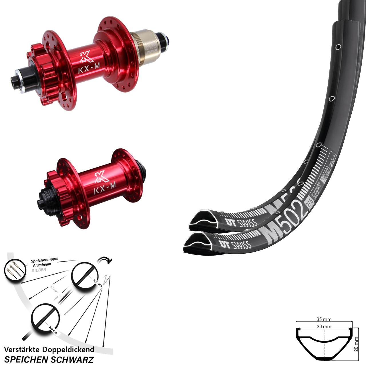 Laufradsatz 6-Loch 29 Zoll DT Swiss M 502 KX-M rot XD 11-12 fach QR