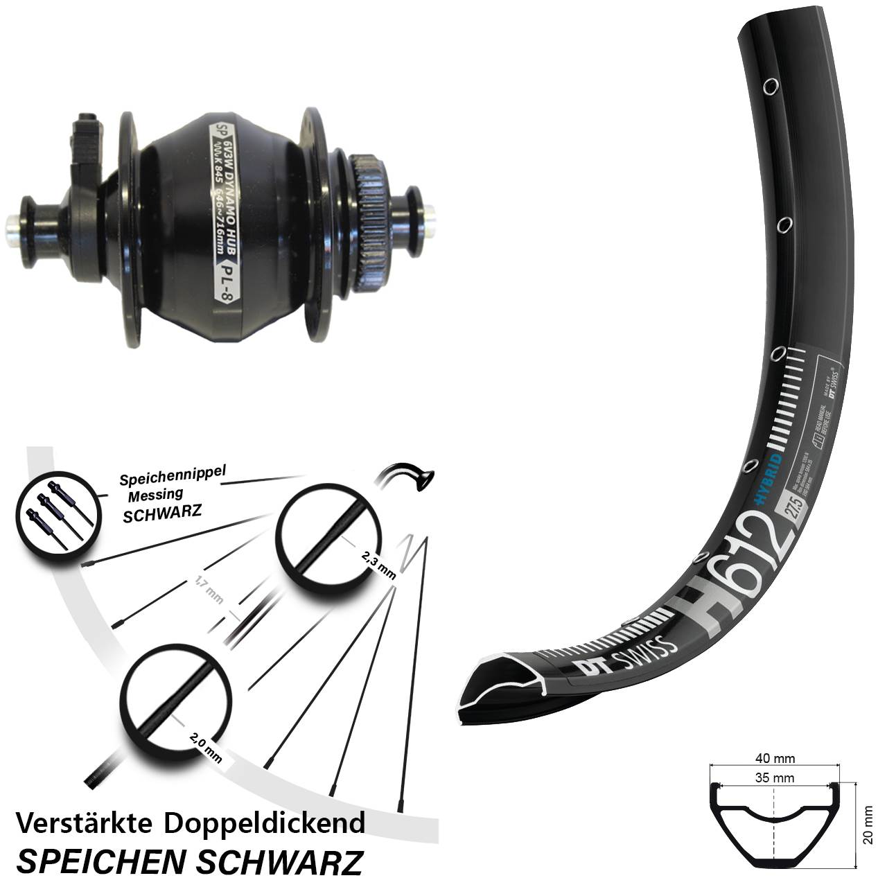 27,5 Zoll DT Swiss H612 Shutter PL-8 Disc Nabendynamolaufrad für Schnellspanner