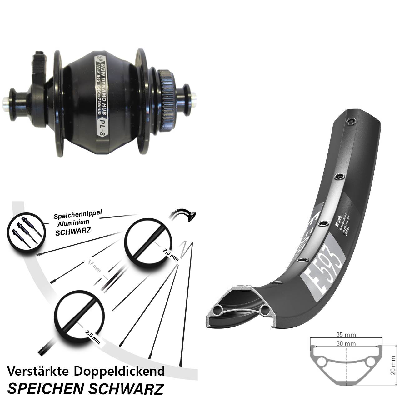 650B DT Swiss E 593 Shutter Precision PL-8 Disc Nabendynamovorderrad für Schnellspanner