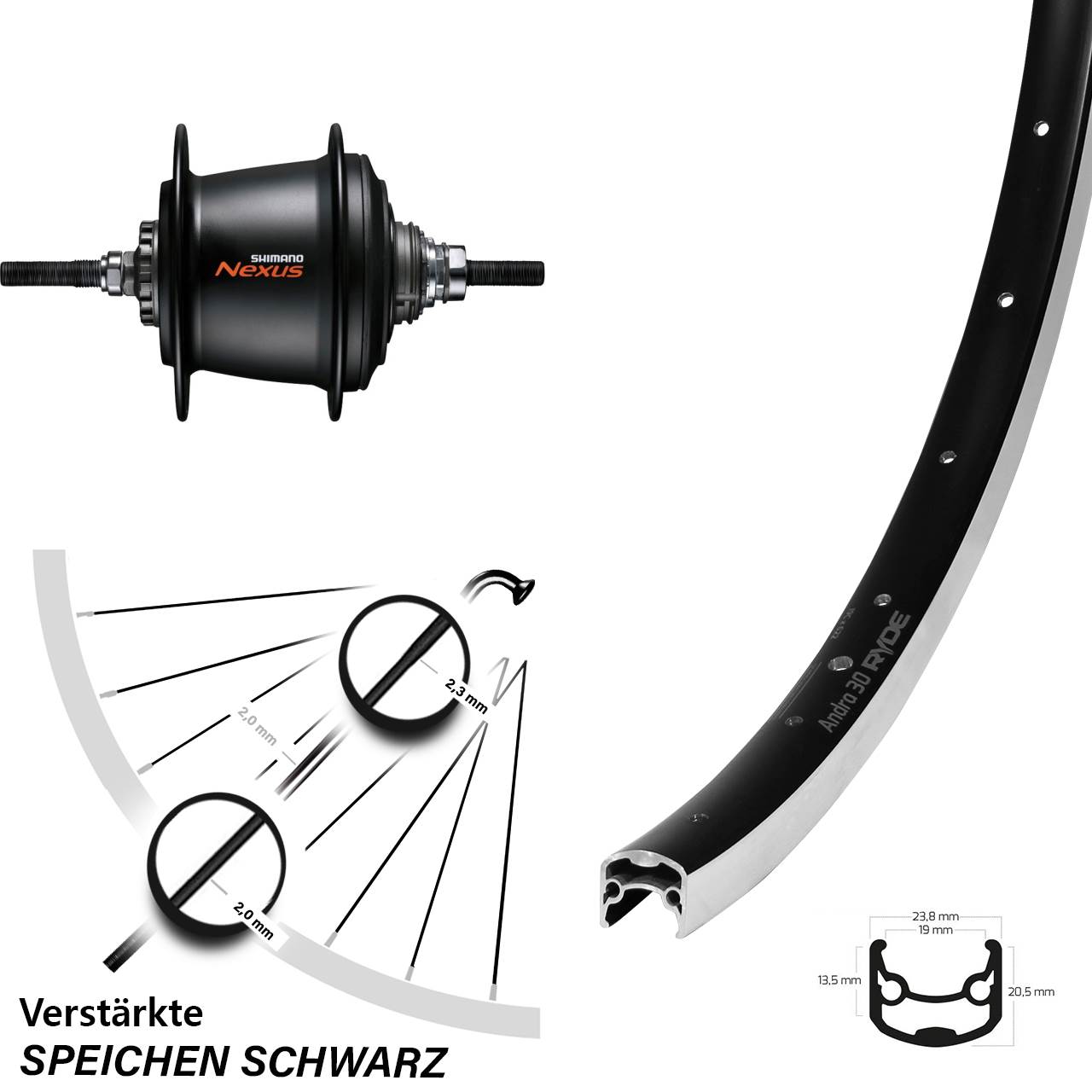 26 Zoll Hinterrad Ryde Andra 30 Shimano 7 Gang SG-C3001 Freilauf