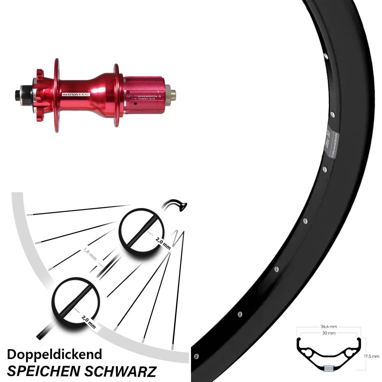 6-Loch Hinterrad 29 Zoll Ryde Disc 30 Novatec D792 8-12 fach HG für Schnellspanner