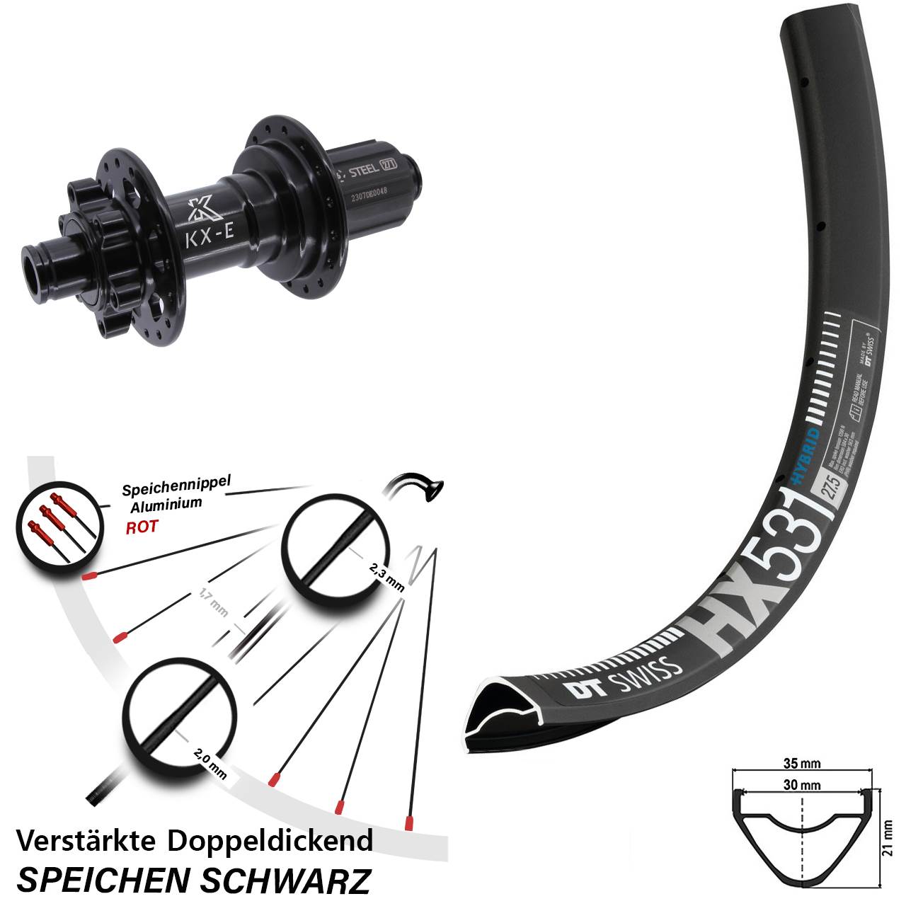 Disc Hinterrad 29 Zoll DT Swiss HX 531 KX-E Stahl Freilauf 8-12 fach HG 12x148 Boost