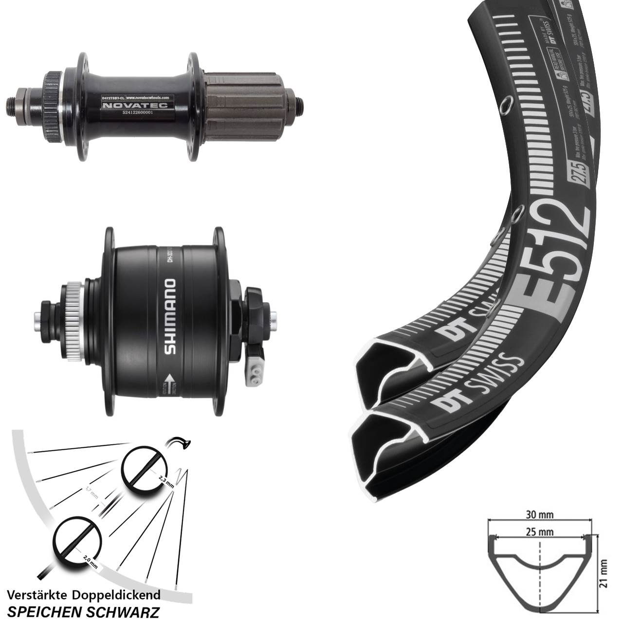 Disc Laufrad-Satz QR 27,5 Zoll DT Swiss E 512 Novatec D472 Shimano DH-3D37 8-12 fach