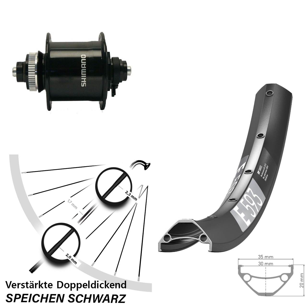 27,5 Zoll DT Swiss E 593 Shimano DH-UR700 Disc Nabendynamovorderrad QR
