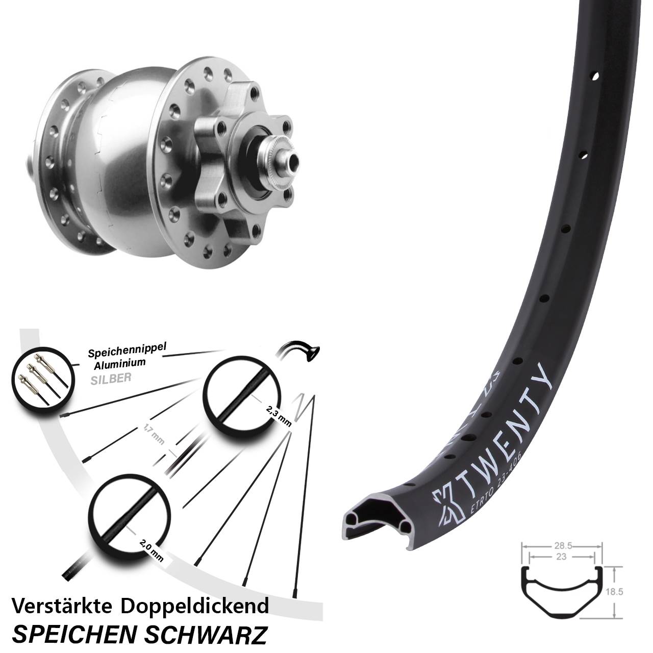 Disc Vorderrad mit Nabendynamo 20 Zoll KX Twenty SON 28 silbern QR