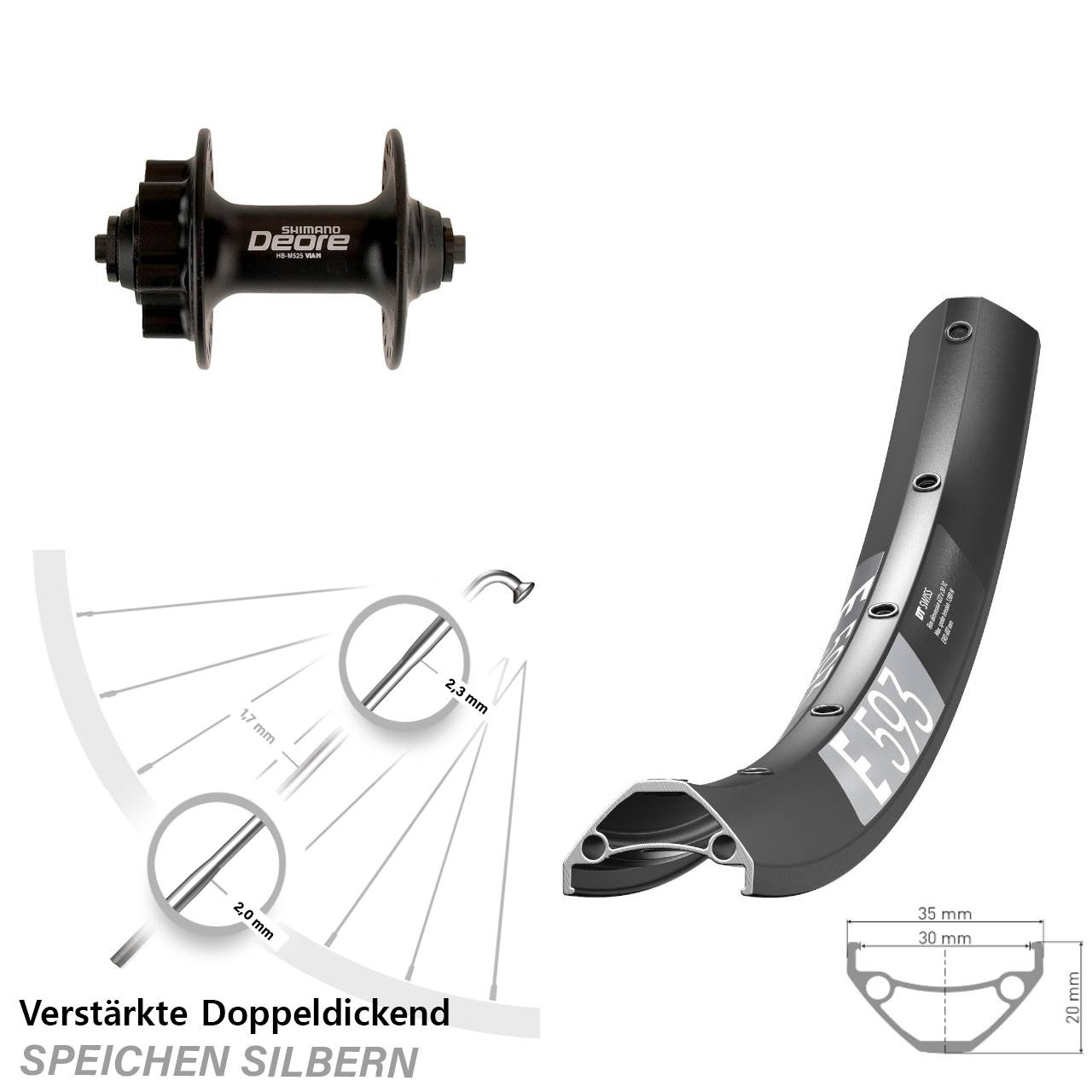 6-Loch Vorderrad 29 Zoll DT Swiss E 593 Shimano Deore HB-M525 für Schnellspanner