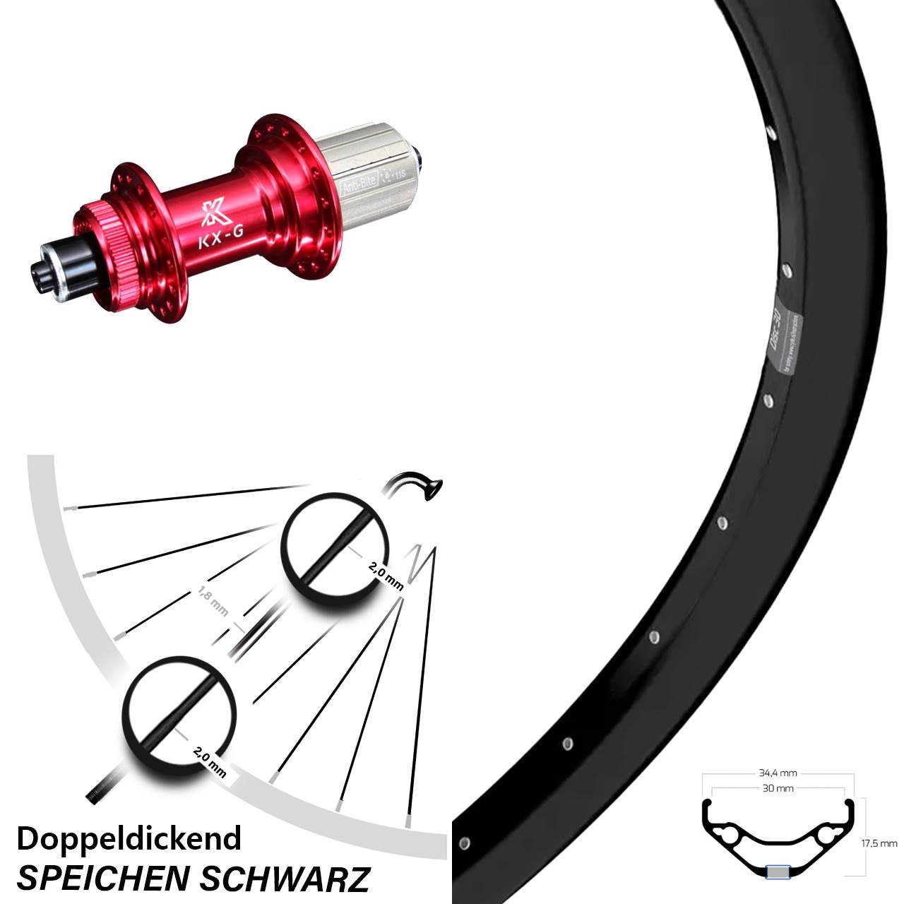 Disc Hinterrad für Schnellspanner 27,5 Zoll Ryde Disc 30 KX-G rot 8-12 fach HG