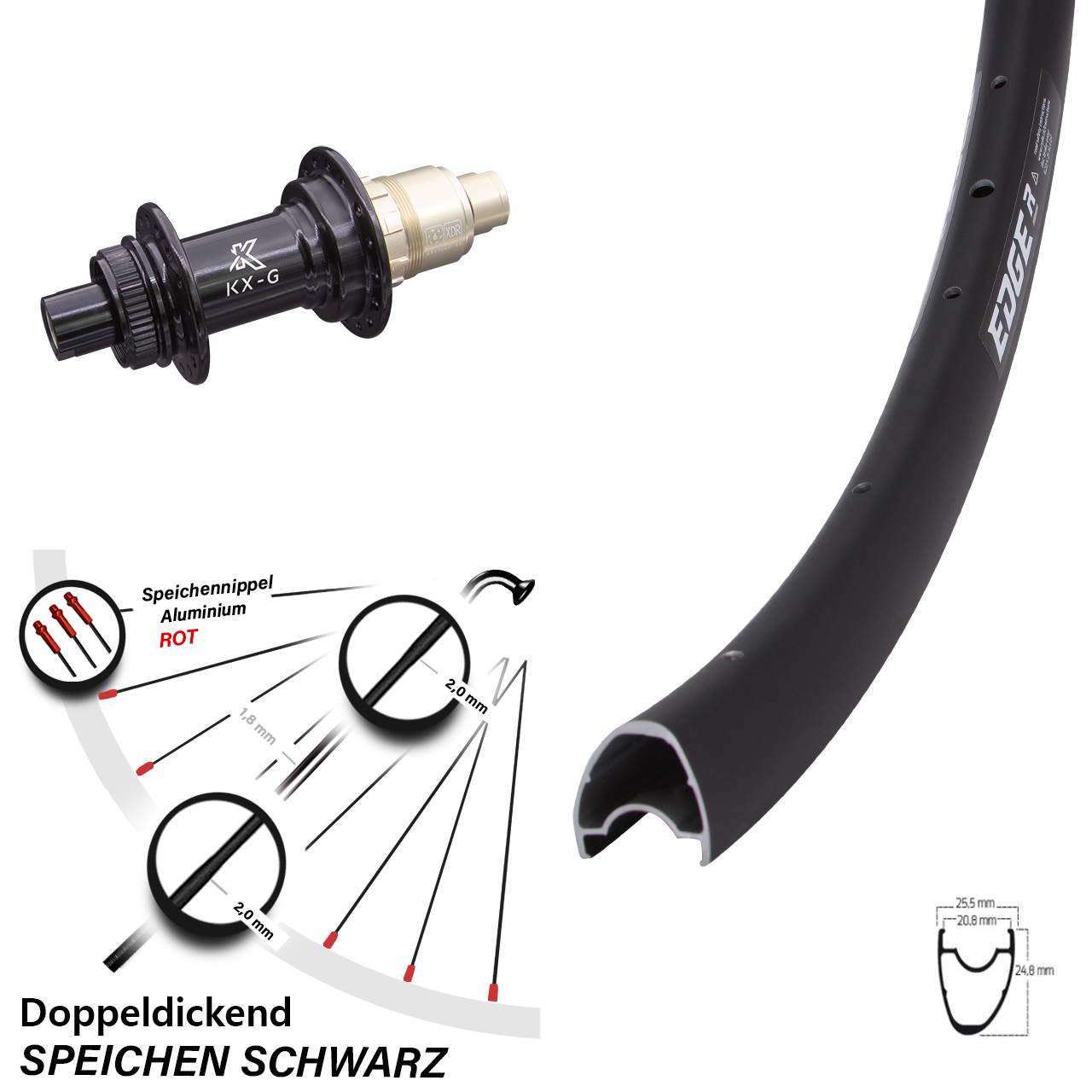 28 Zoll Hinterrad KX-G Steckachse 12x142 mm Sram XDR Ryde Edge R25 OS 24 Speichen