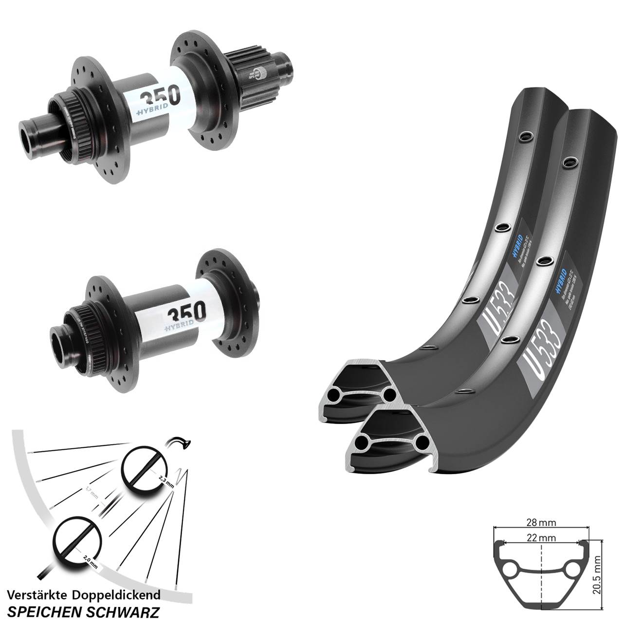Disc Laufradsatz 15x110 12x148 28 Zoll DT Swiss U533 Hybrid 350 Shimano Micro Spline